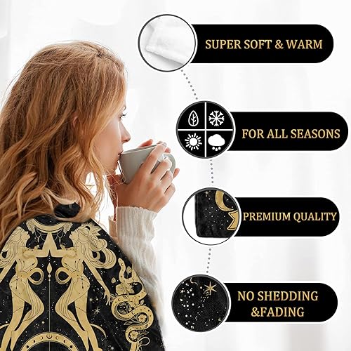 Miniatura 8 de Decoración de hongos, manta de luna y polilla, regalos de bruja para mujeres, manta de forro polar hippie del zodiaco bruja, regalos góticos, manta