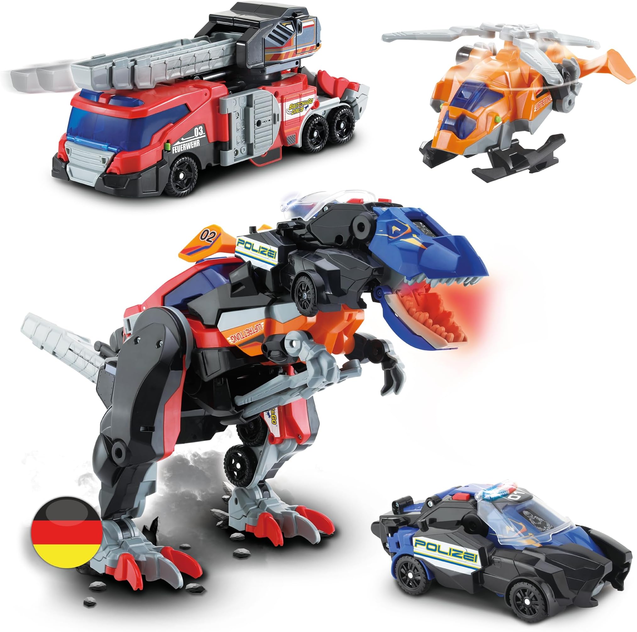 Switch and Go Dinos 3-in-1 Super-T-Rex - Dino Car Transformer - 2-in-1 Toy with Dino Voice, Sound and Light Effects - For Children 3-8 Years, Black