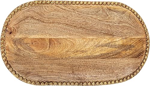 Miniatura 3 de Creative Co-Op Bandeja de madera de mango tallada a mano de 16 pulgadas con cuentas de madera, acabado natural y dorado