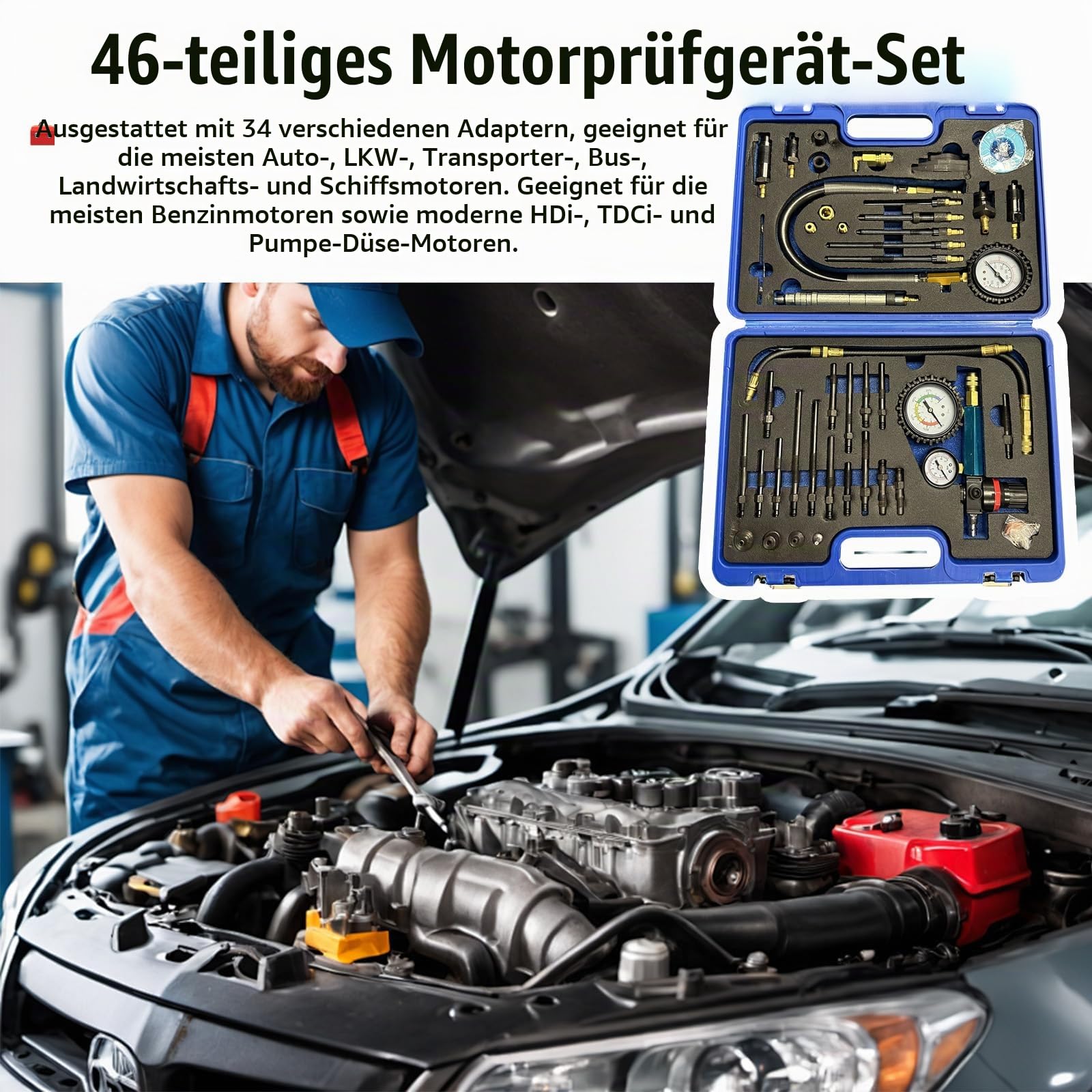 Kompressionstester, 46-tlg Kompressionsprüfer Diesel Benzin Kompressionstester Druckverlust Tester Motoren Prüfer Kompatibel mit Diesel Benzinmotore