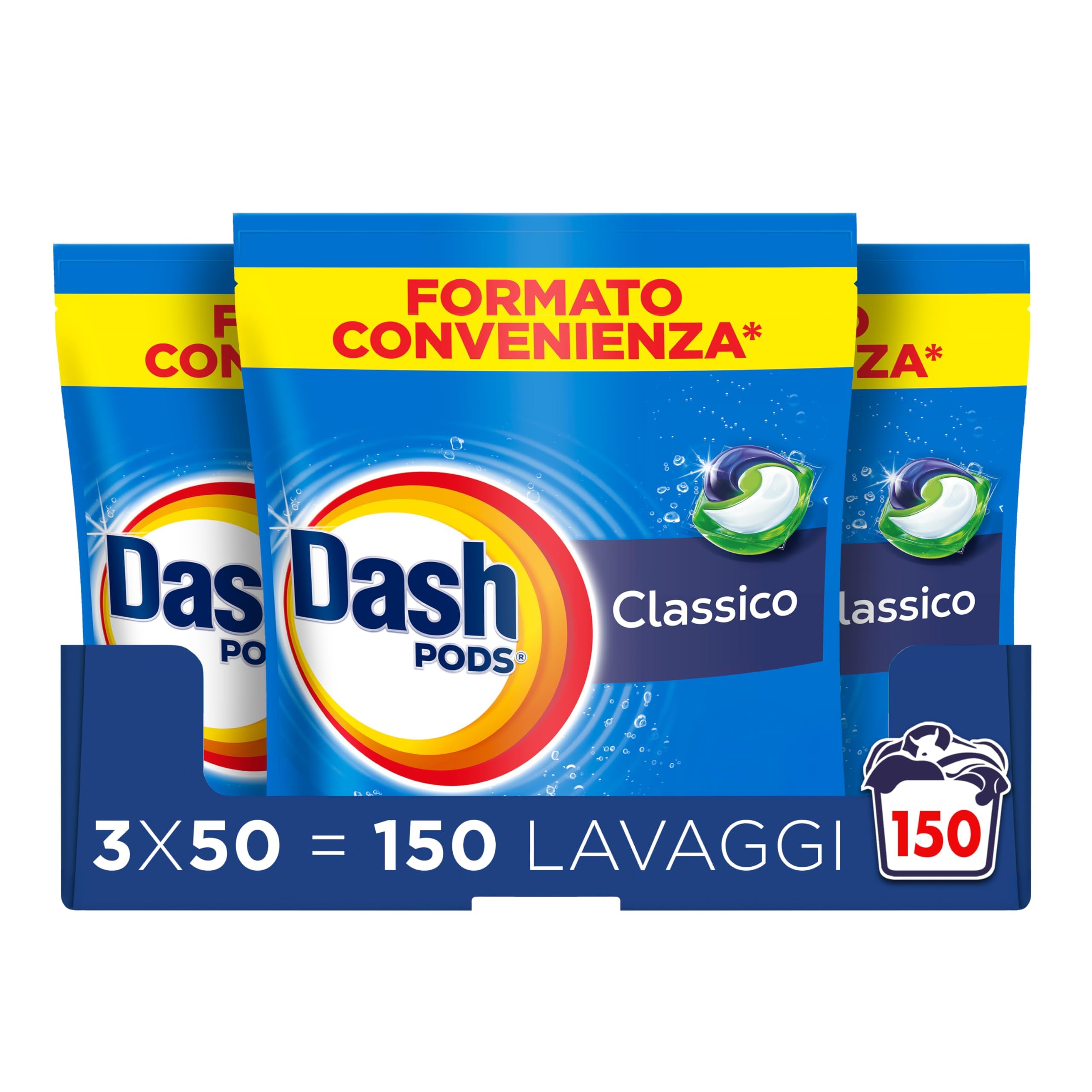 Dash Pods Detersivo Lavatrice In Capsule, 150 Lavaggi (3x50), Classico, Rimuove Le Macchie, Igienizza, Brillantezza Per I Capi