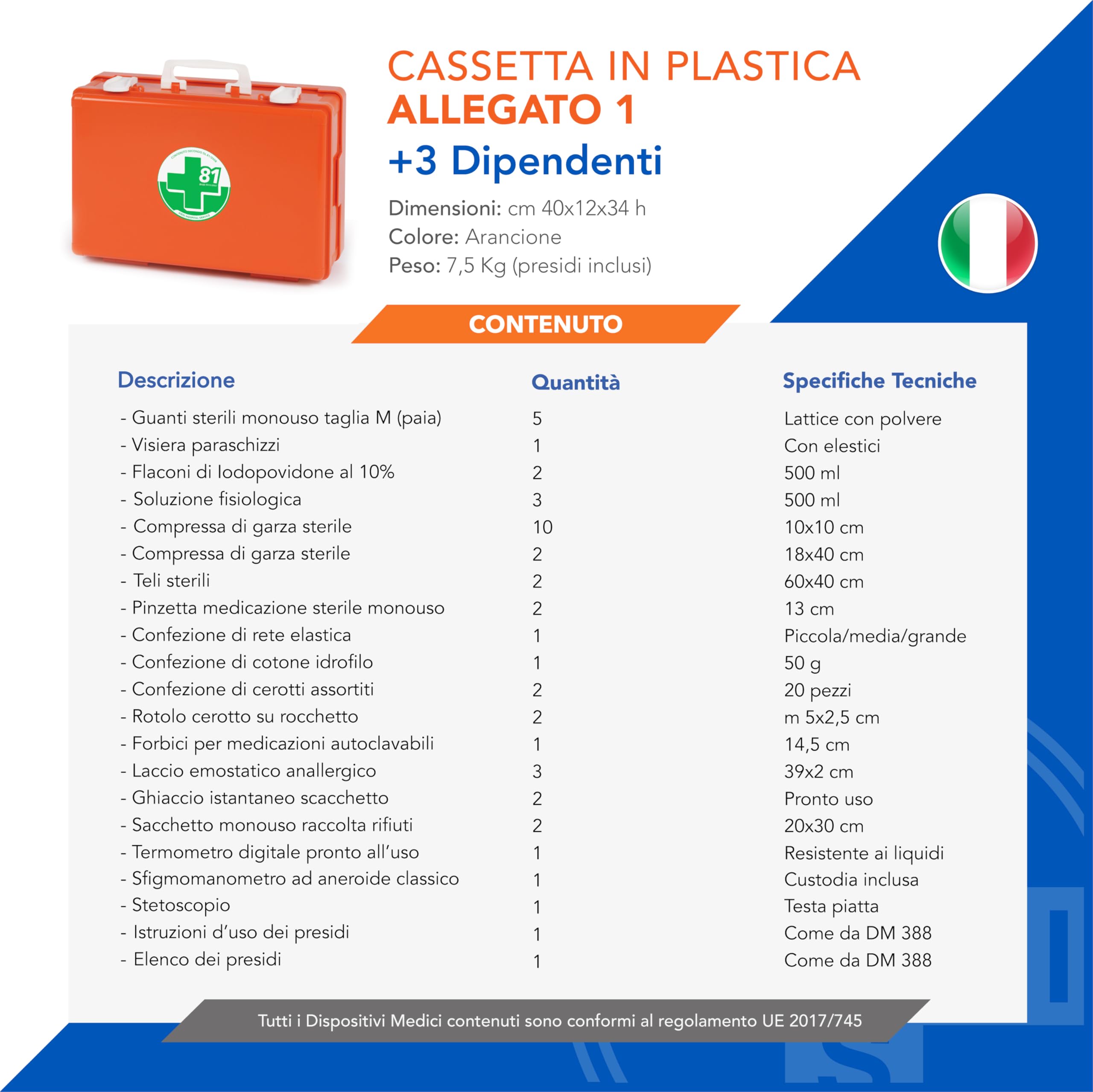 AIESI® Cassetta medica di pronto soccorso ALLEGATO 1 CON SFIGMOMANOMETRO per aziende più 3 dipendenti, Cartello segnaletico in alluminio, Conforme DM388/DL81, Made in Italy