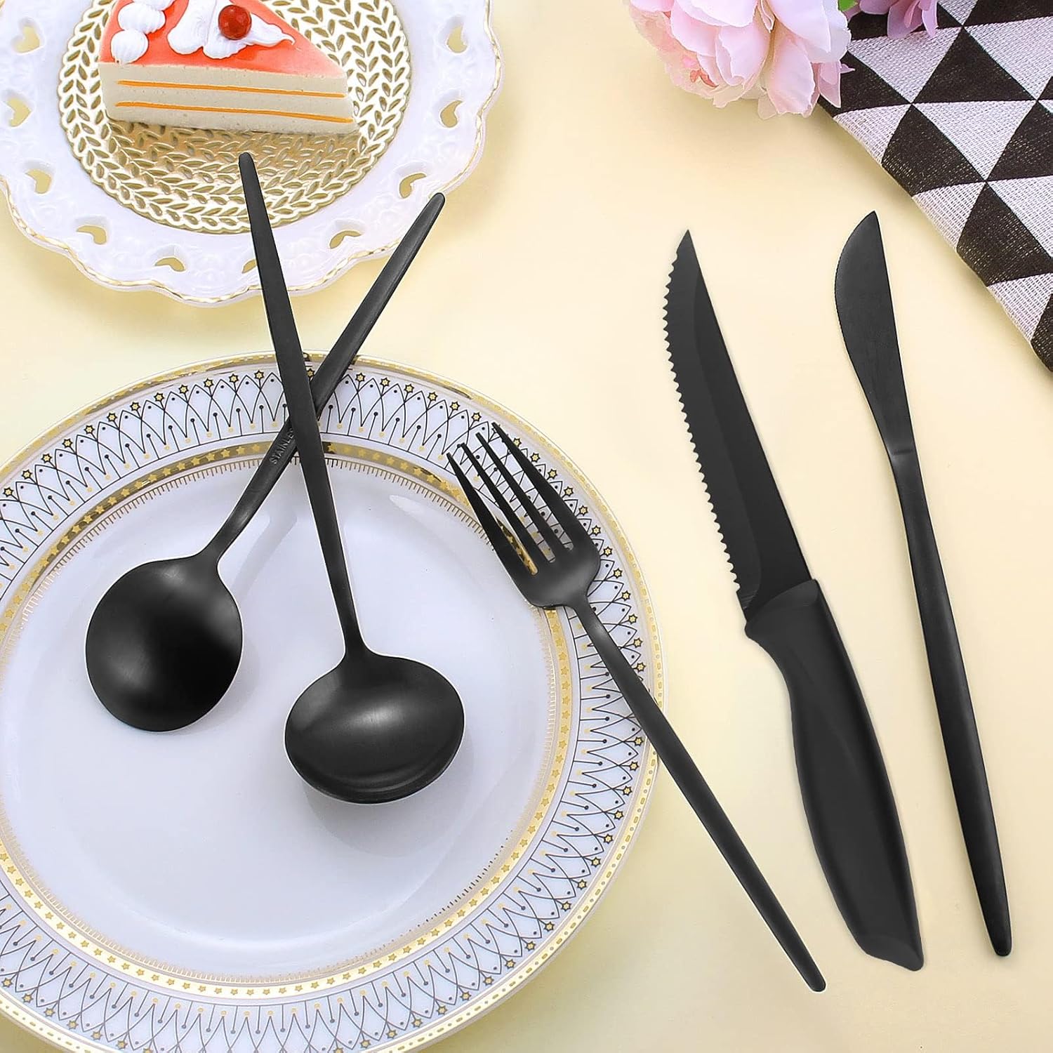 24-Piece Matte Black Tableware Set with Steak Knives,Black Flatware Set for 4,Stainless Steel Kitchen Utensil Set Include Spoons And Forks Set, Dishwasher Safe