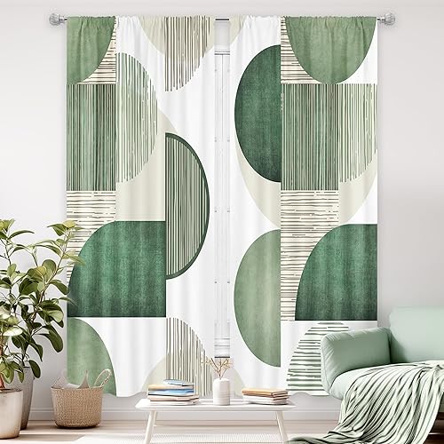 KOMLLEX Abstract Green Geometry Curtains 52Wx84H Inch Rod Pocket Modern Minimalist Semicircle Grey Art Printed Simple Cool Men Kitchen Dining Living Room Bedroom Window Drapes Treatment 2 Panels