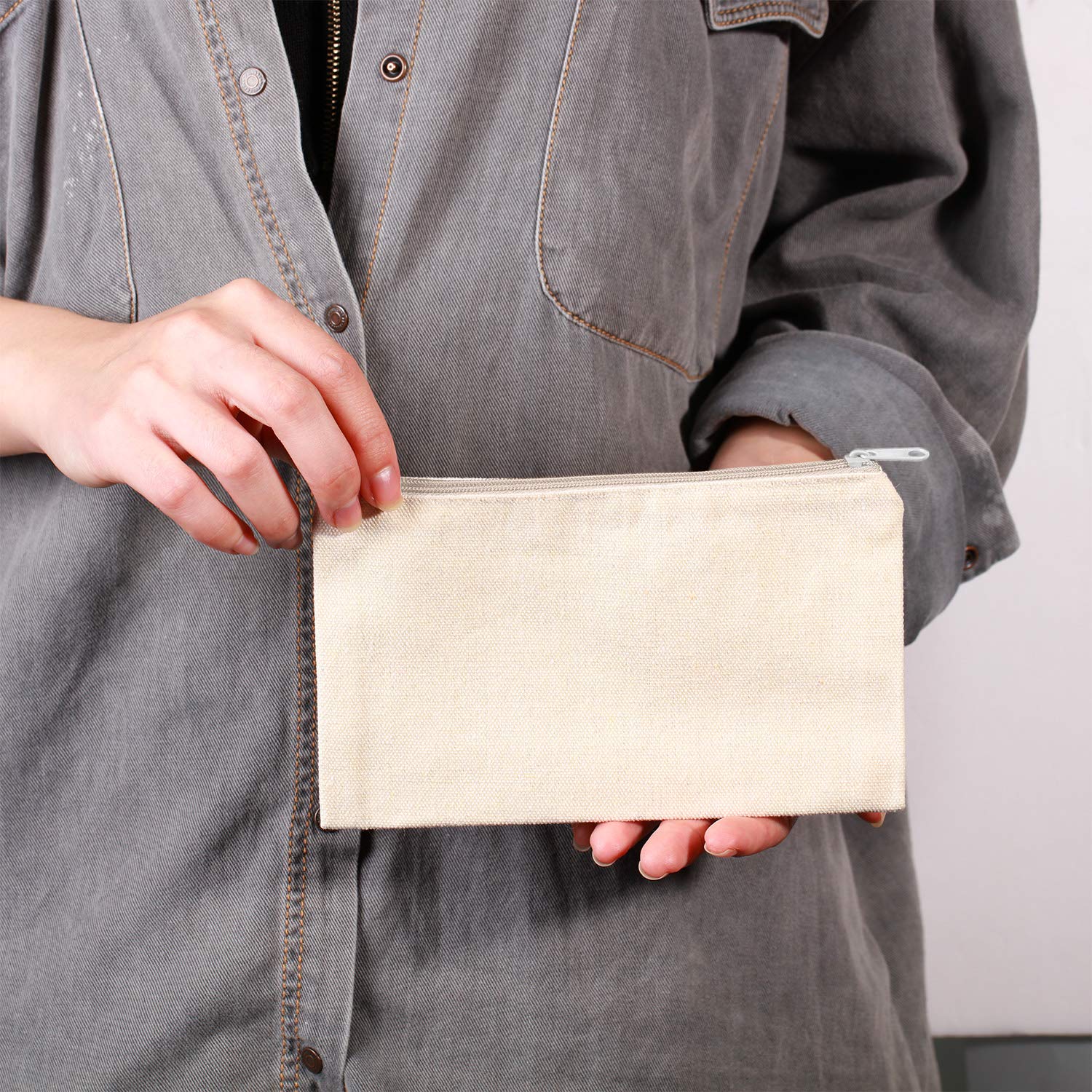 Gejoy 10 Pieces Cosmetic Canvas Pouch Bag Multipurpose Makeup Bag with Zipper Cotton Canvas Travel Toiletry Pouch DIY Craft(S,Beige and Black) - Image 5