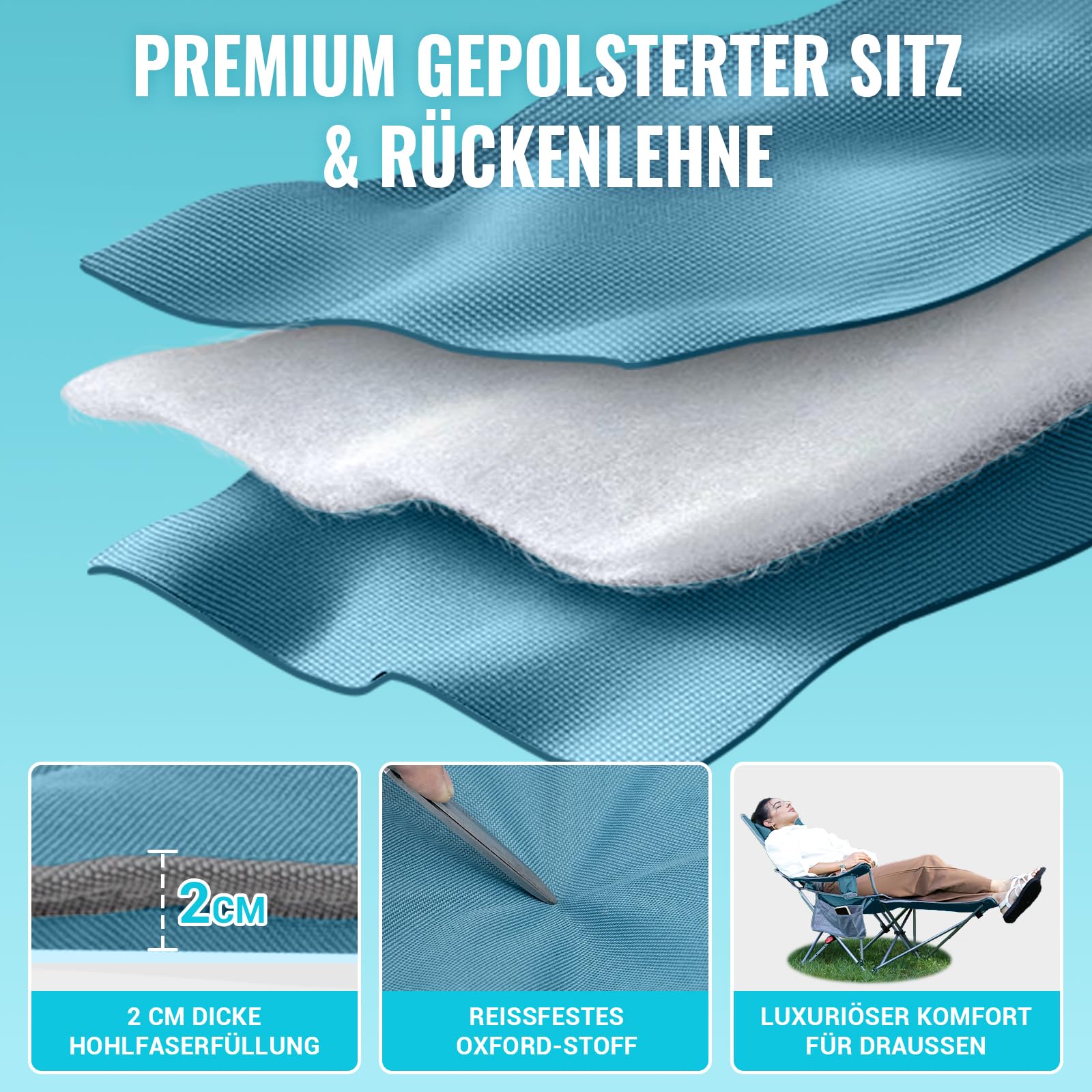#WEJOY 2-in-1 Campingstuhl Faltbar mit Fußstütze, Gepolstert Liegestuhl mit Verstellbarer Rückenlehne, Relaxsessel Liege mit Getränkehalter, Liegestuhl für Outdoor Camping Cyan 2er Set