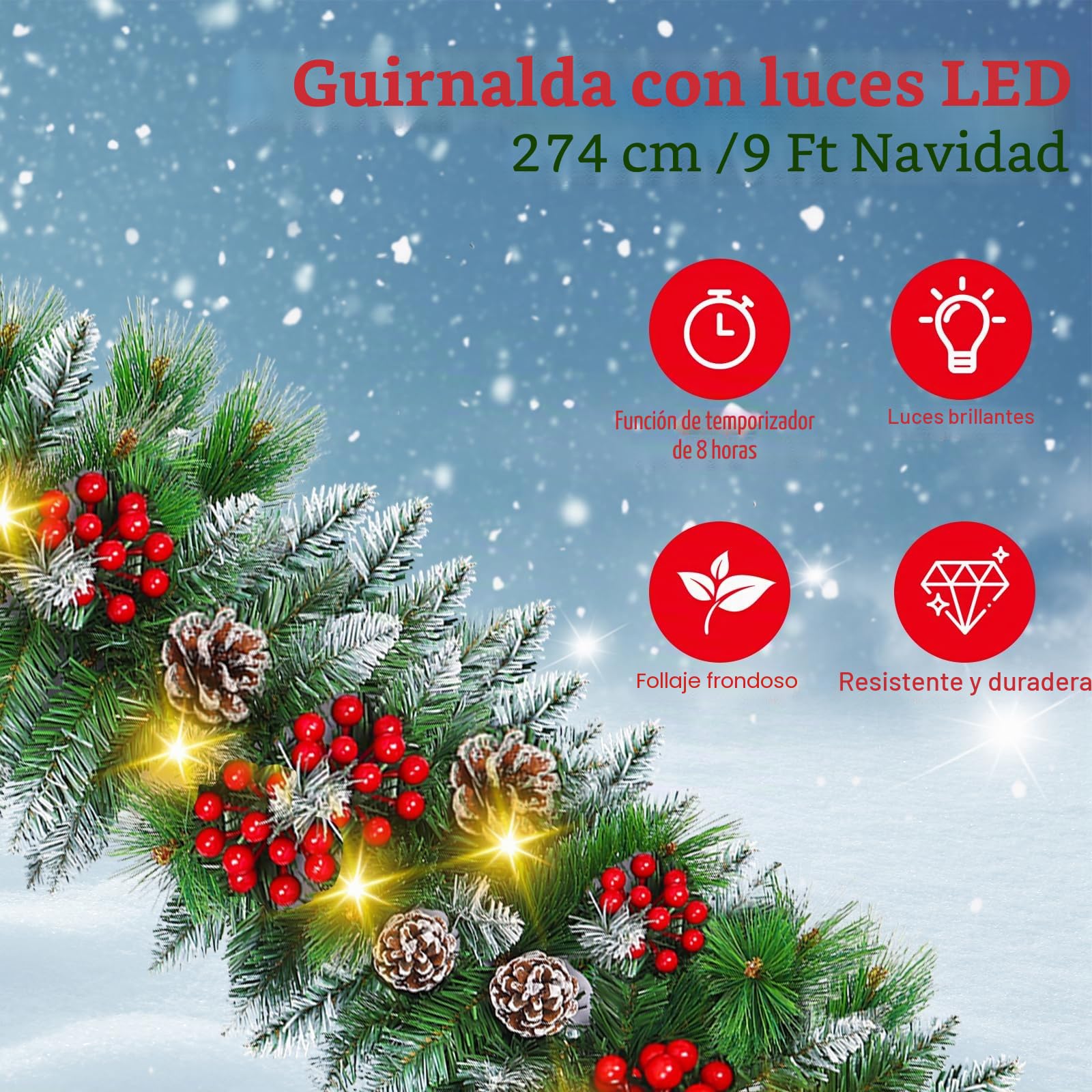 Guirnalda navideña con iluminación de 30 LED - 2,7M de guirnalda de abeto con iluminación, esferas florales - decoración navideña de ratán, guirnalda para Navidad para escalera, interior y exterior
