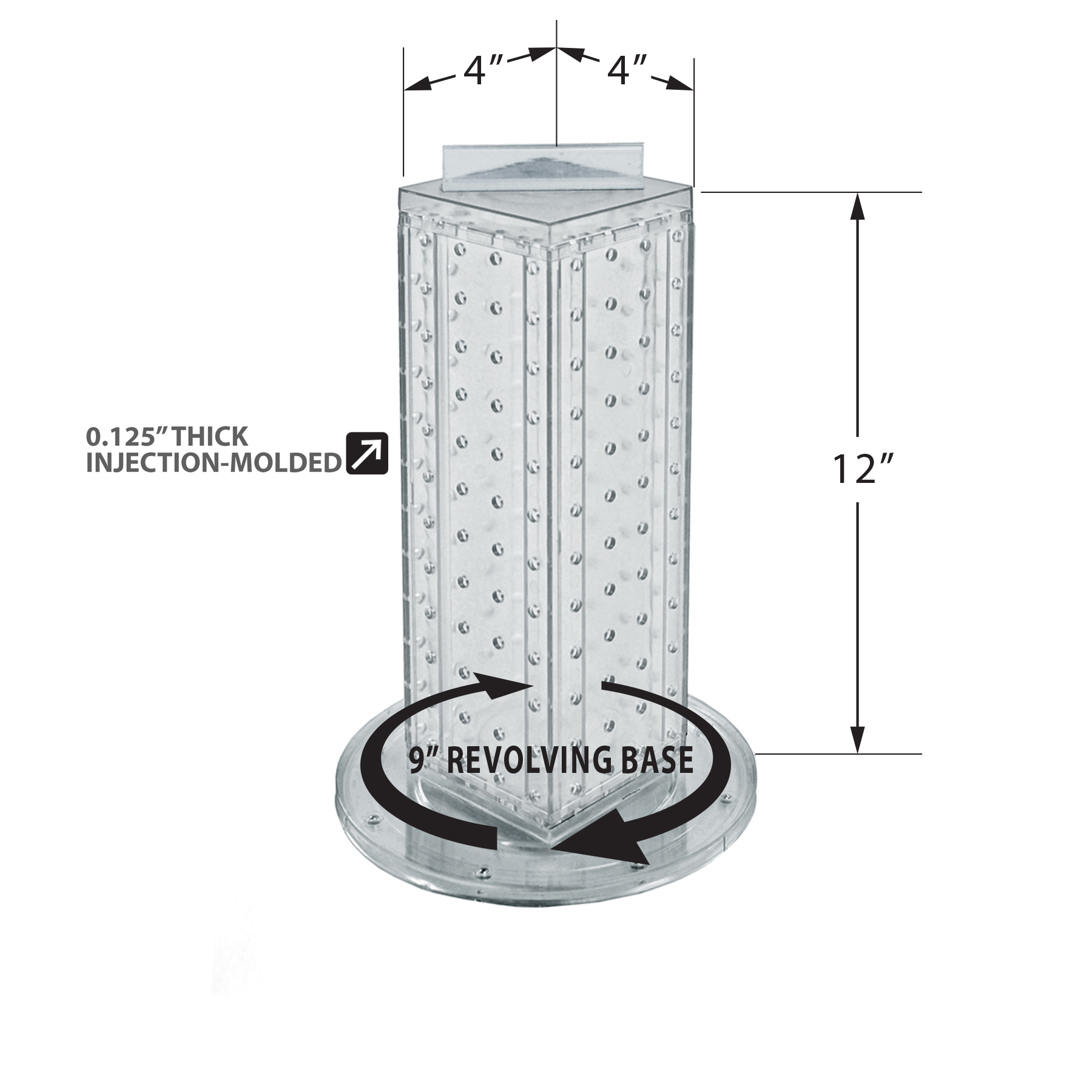 Azar Displays 700220-CLR-2C16 Four-Sided 4”W x 12” Revolving Pegboard Tower Kit Counter Display with 16-Pack of 2 inch Locking Hooks, Clear