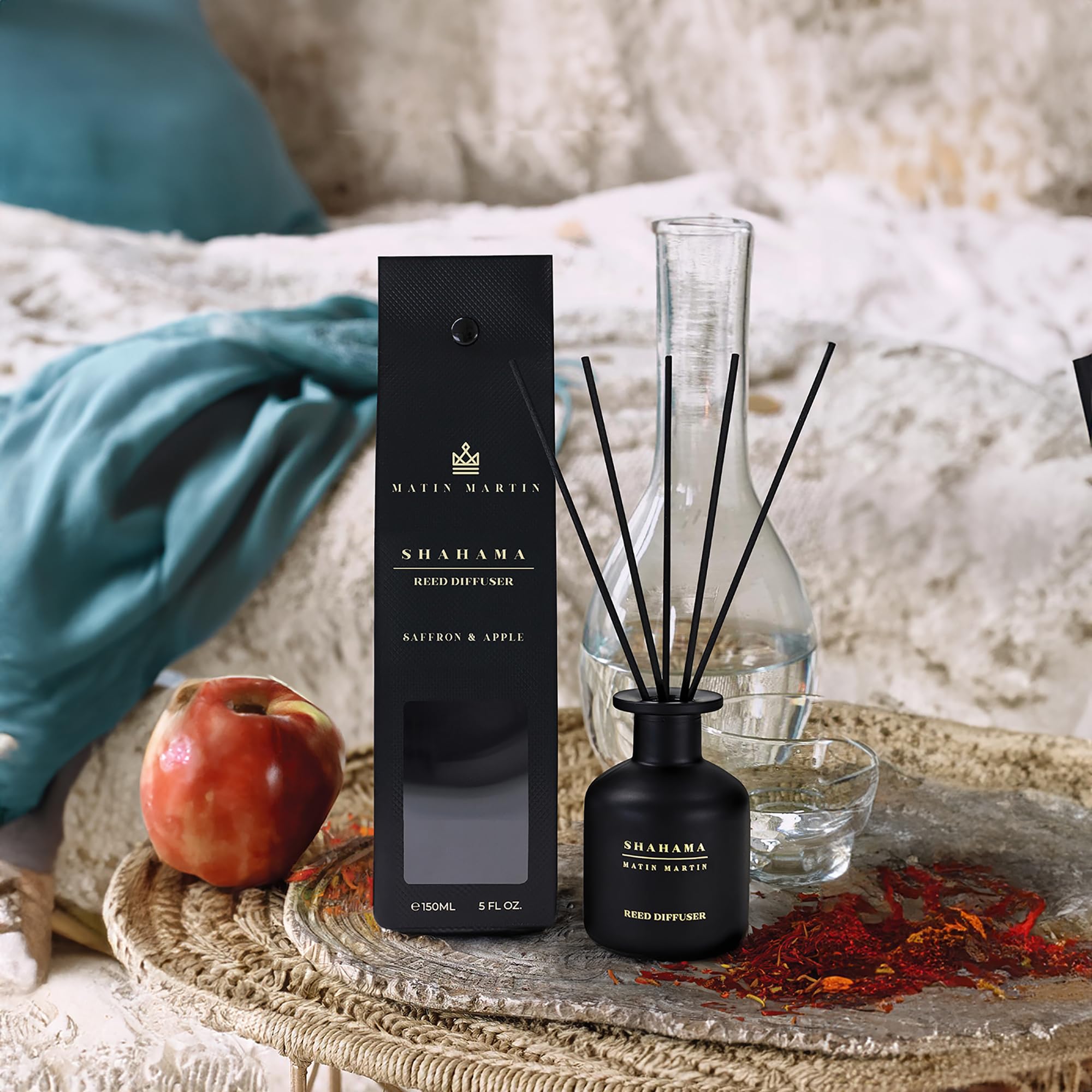 Matin Martin Shahama Reed Diffuser - Aromatherapy Diffuser for Home and Office - Long-Lasting, Elegant Scent Diffuser - Saffron and Apple - 5 oz