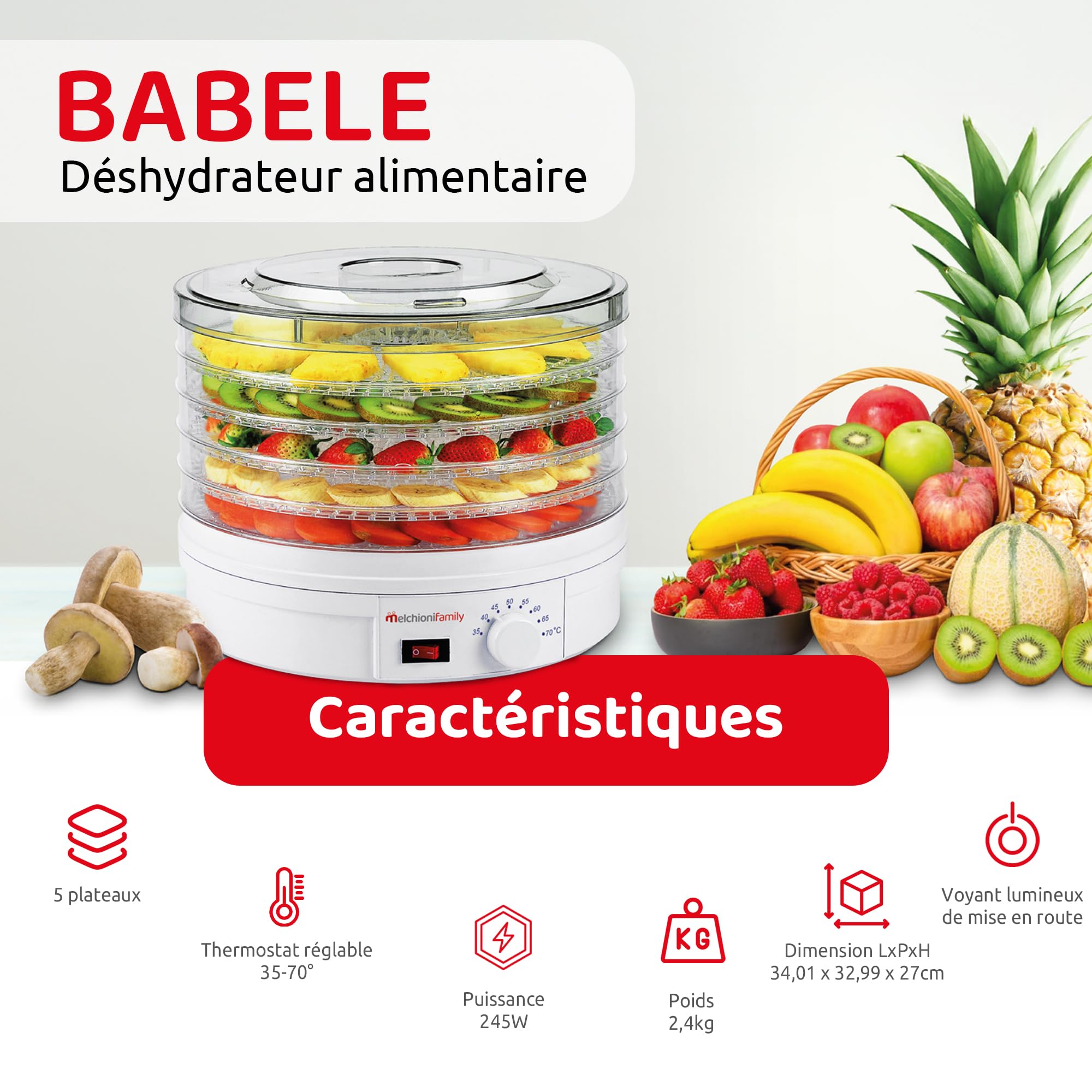 Melchioni Family | Déshydrateur Électrique BABELE, Déshydrateur Alimentaire Polyvalent, 5 Plateaux Empilables et Amovibles, Puissance 250W, Température Réglable 40–70°C