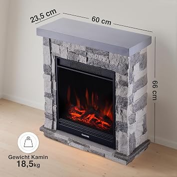 KAMINIO Juan Electric Fireplace in Stone Look with Heating 3D Flame Effect Remote Control (Grey)