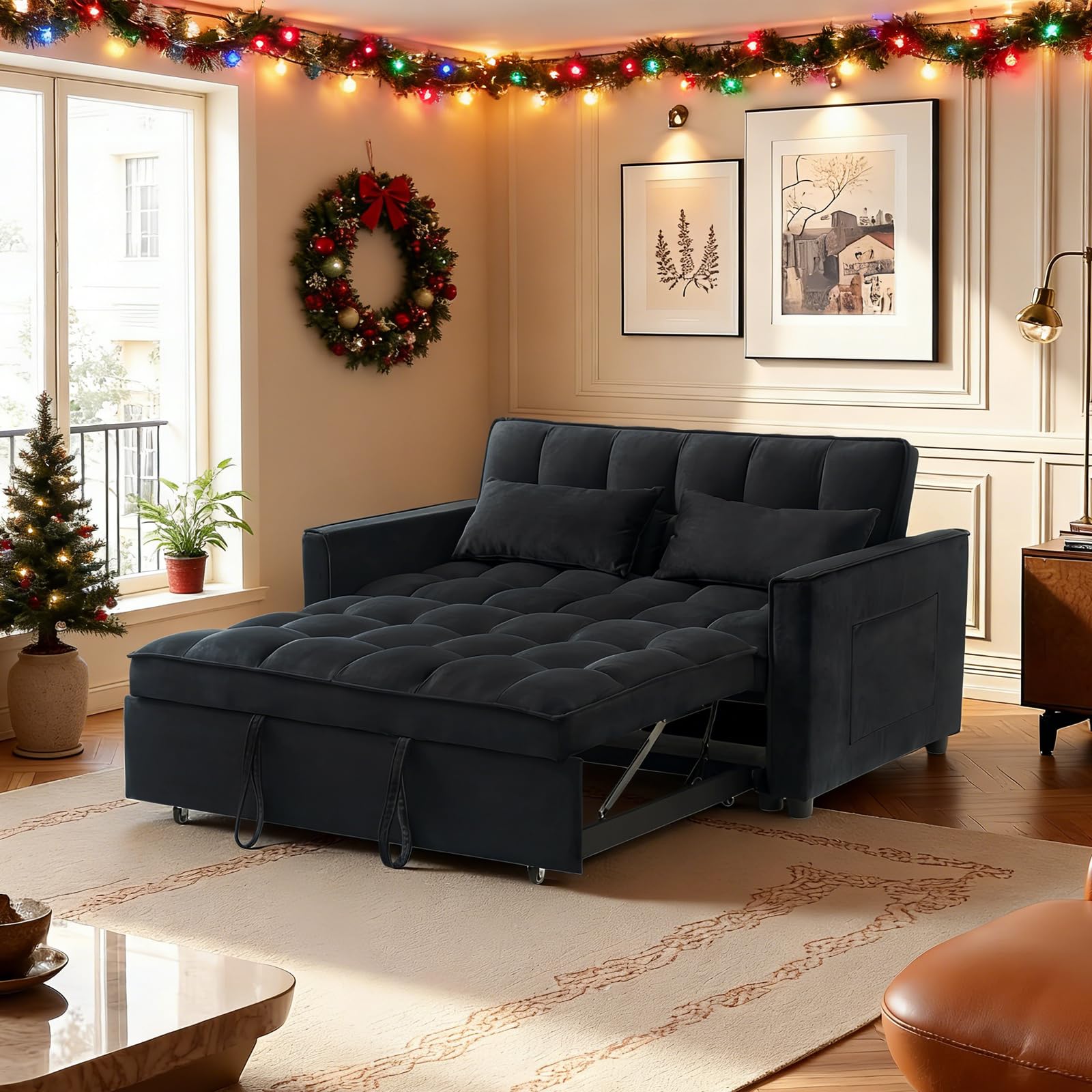 Sleeper Sofa Bed, 3-in-1 Velvet Pull Out Couch with Armrests, Storage Pockets and 2 Pillows, Adjustable Backrest, Pull Out Sofa Bed Couch for Living Room, Bedroom(Black)