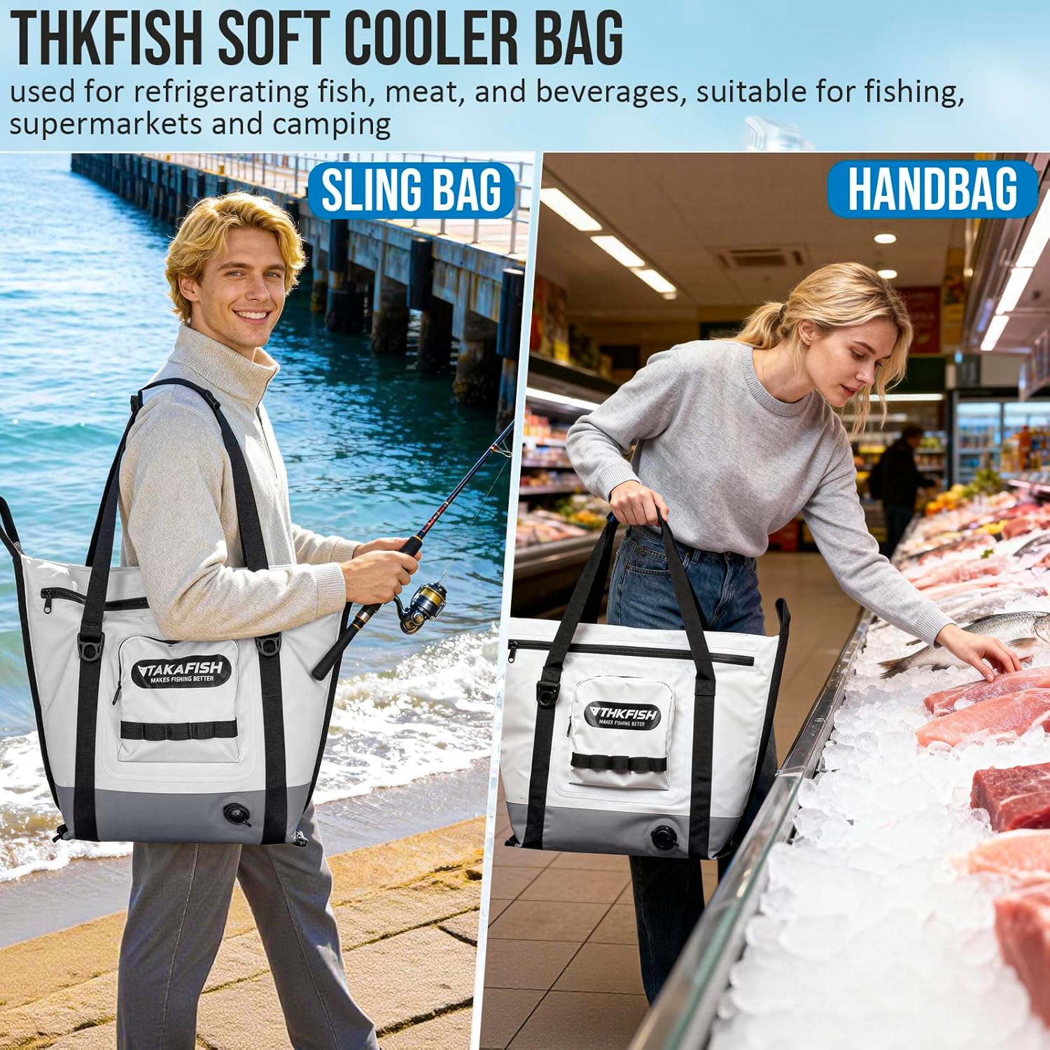 THKFISH Insulated Fish Cooler Bag, 25x17.5in Portable Soft Cooler Bag for Caught Fish, Travel, Beach, Camping, Picnic, Lunch, Fishing, 24HR Cold Retention (White-Grey)