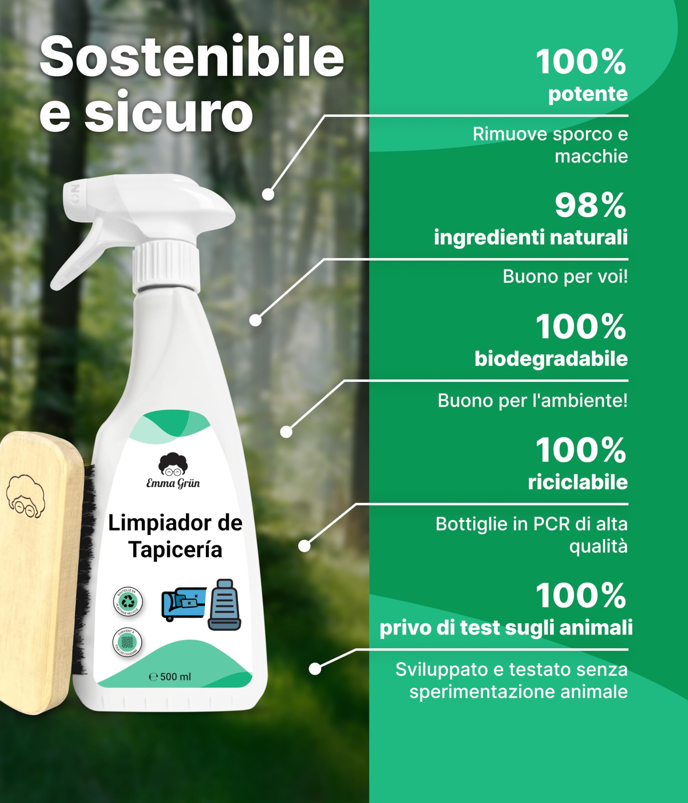 Emma Grün® Pulisci Divano e Sedili Auto Tessuto 500ml [+Spazzola] - Smacchiatore a Secco per Tessuti