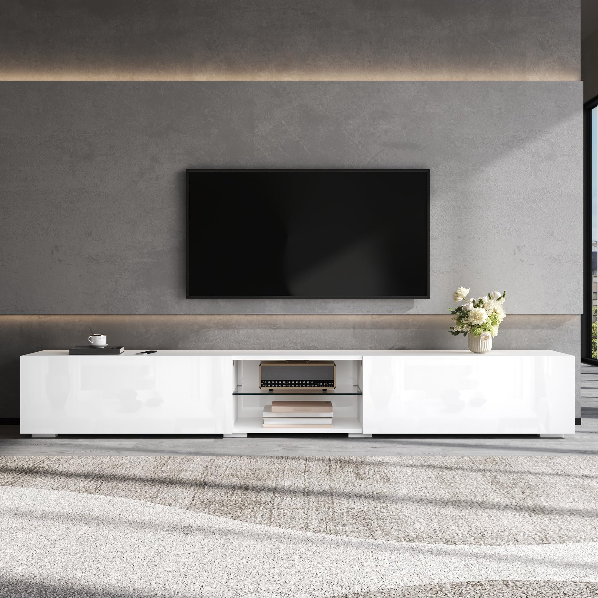 Meuble TV Blanc avec Portes Laquées Brillantes, Meuble TV LED avec Rangement et Étagère Transparente, Meuble Tele avec Éclairage LED, Support pour TV Jusqu’à 50 kg, 200x30x30 cm