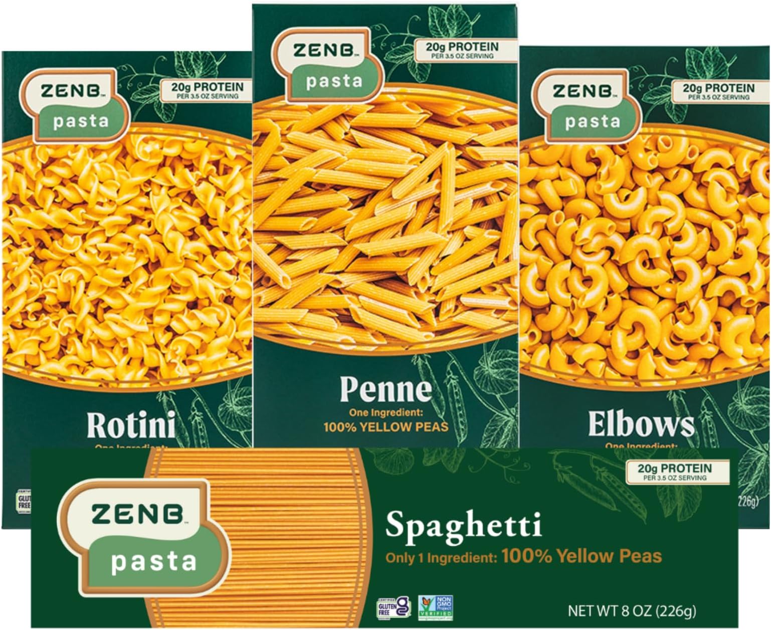 ZENB Plant Based Spaghetti, Rotini, Elbow, and Penne Variety Pack Pasta - Made From 100% Yellow Peas, Gluten Free, Non-GMO & Vegan, 20g of Protein & 12g of Fiber In Every Serving (Pack of 4)