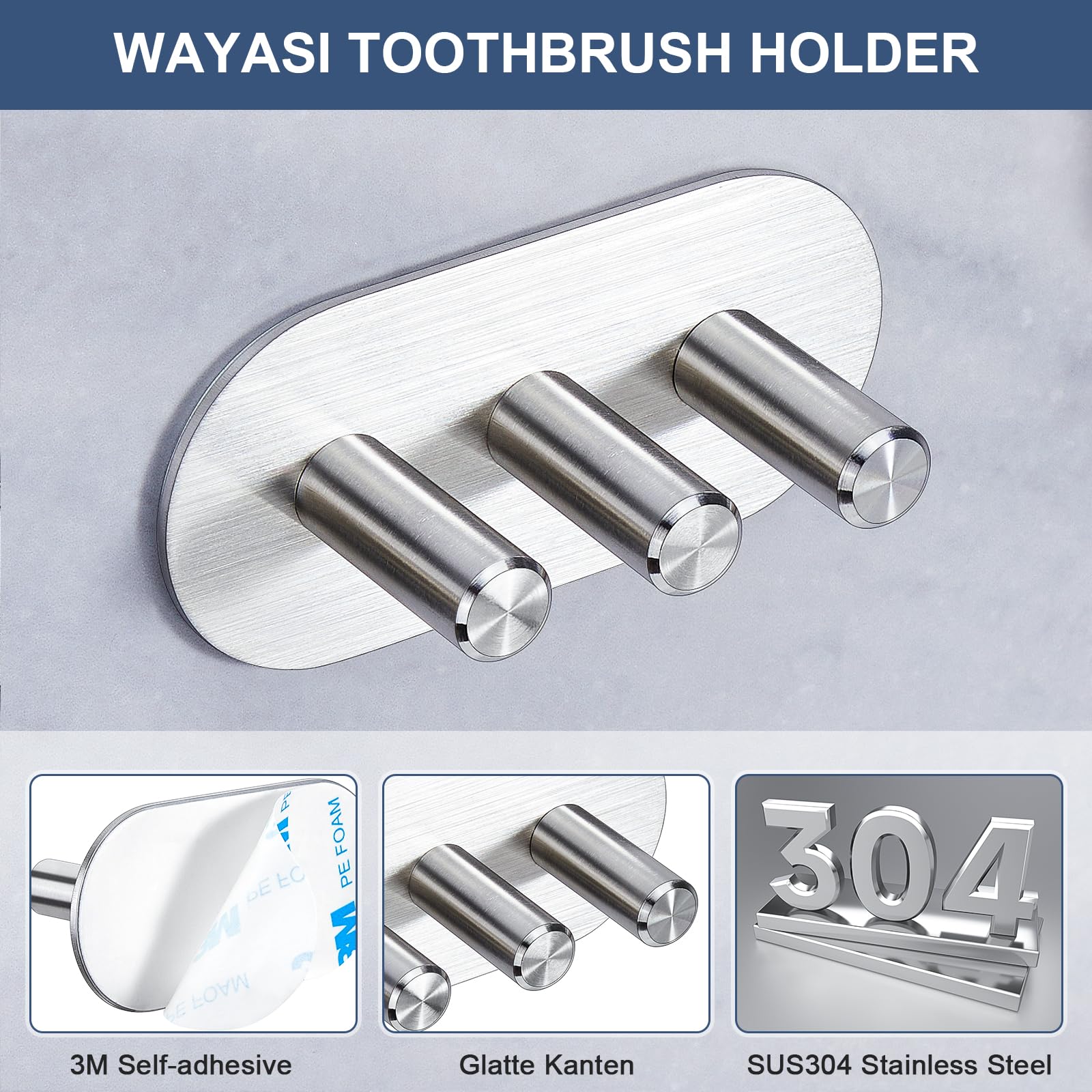 Electric Toothbrush Head Holder for Bathroom Shower, Toothbrush Holders Wall Mounted, WAYASI Stainless Steel Tooth Brushing Holder, Self Adhesive Toothbrush Storage Organizer Toothbrush & Razor Holder