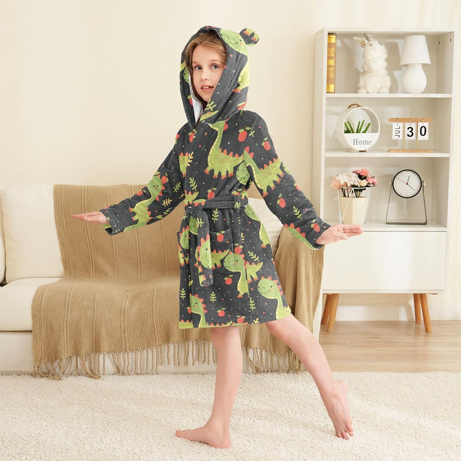 senya Dinosaur Fruit Toddler Hooded Bathrobe Kids Soft Plush Bath Towel Robes for Boys Girls 2-12 Years