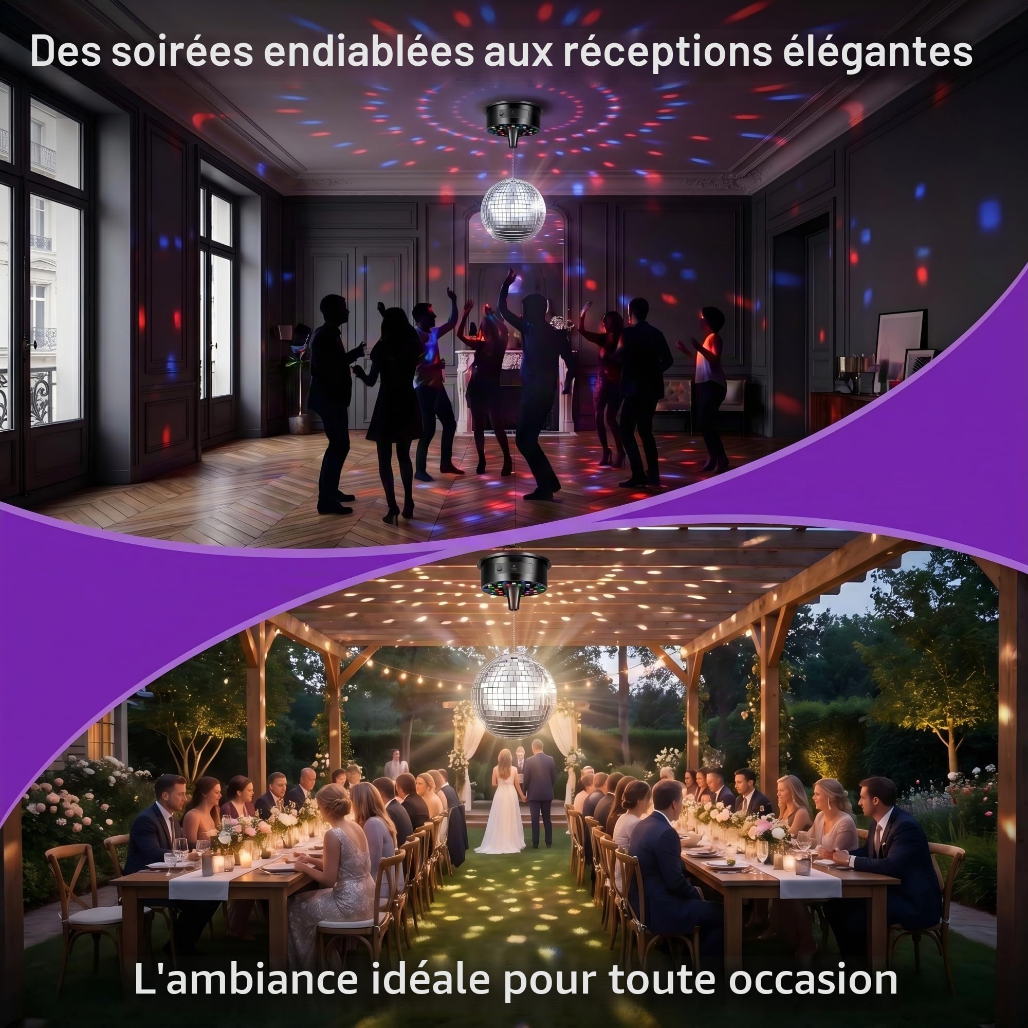 Moteur Boule Facettes 0-15 RPM 6 vitesses, LED & Télécommande pour Fête