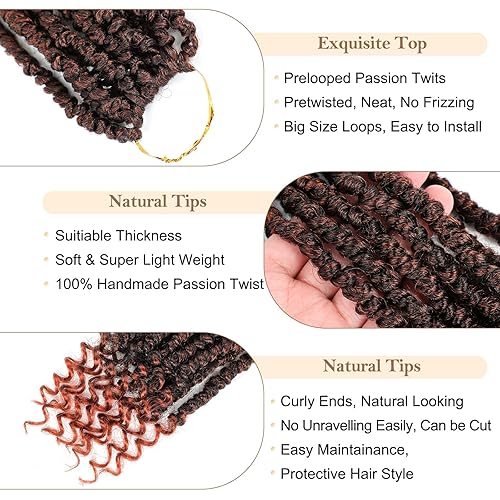 Miniatura 4 de Cabello pretrenzado 350 Passion Twist, 10 pulgadas, 9 paquetes de cabello de ganchillo Passion Twist, cabello de ganchillo suave pretrenzado y bucle