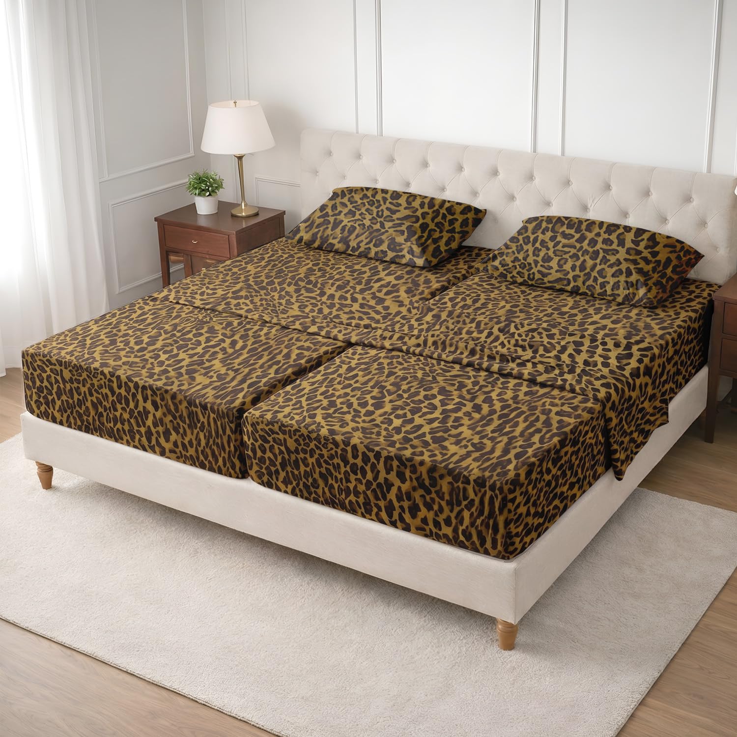 SGI Split King Sheet Set for Adjustable Bed Egyptian Premium Cotton 600 Thread Count Sheets for Sleep Number Bed 15" Deep Pocket 5 Pc Set with 2 Twin XL Fitted Sheets Soft Breathable -Leopard Print