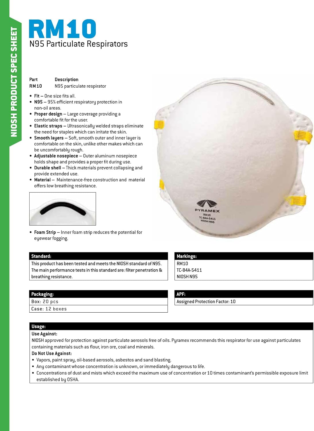 Pyramex RM10 N95 Particulate Dust Masks Cone Respirator Masks (20 Pack)