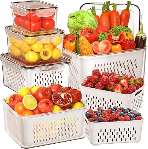 5 recipientes grandes de almacenamiento de frutas para refrigerador con coladores extraíbles, recipientes herméticos de almacenamiento de alimentos