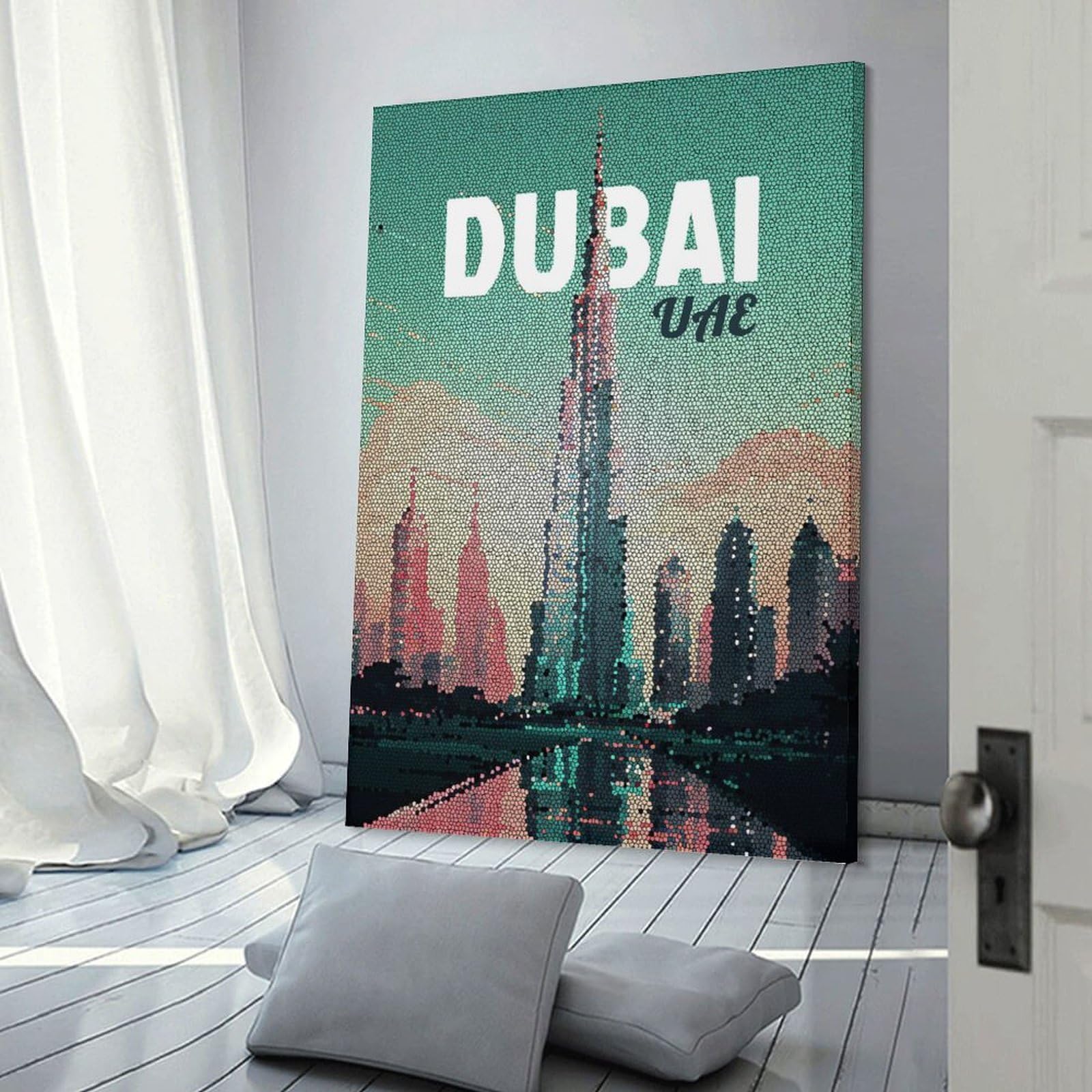 Junmoney Dubai UAE Skyline Mosaic Art Canvas Art Print, 24x36inch(60x90cm), for Bedroom, Lounge Or Dressing Area, Canvas Wall Decor for Personal Spaces