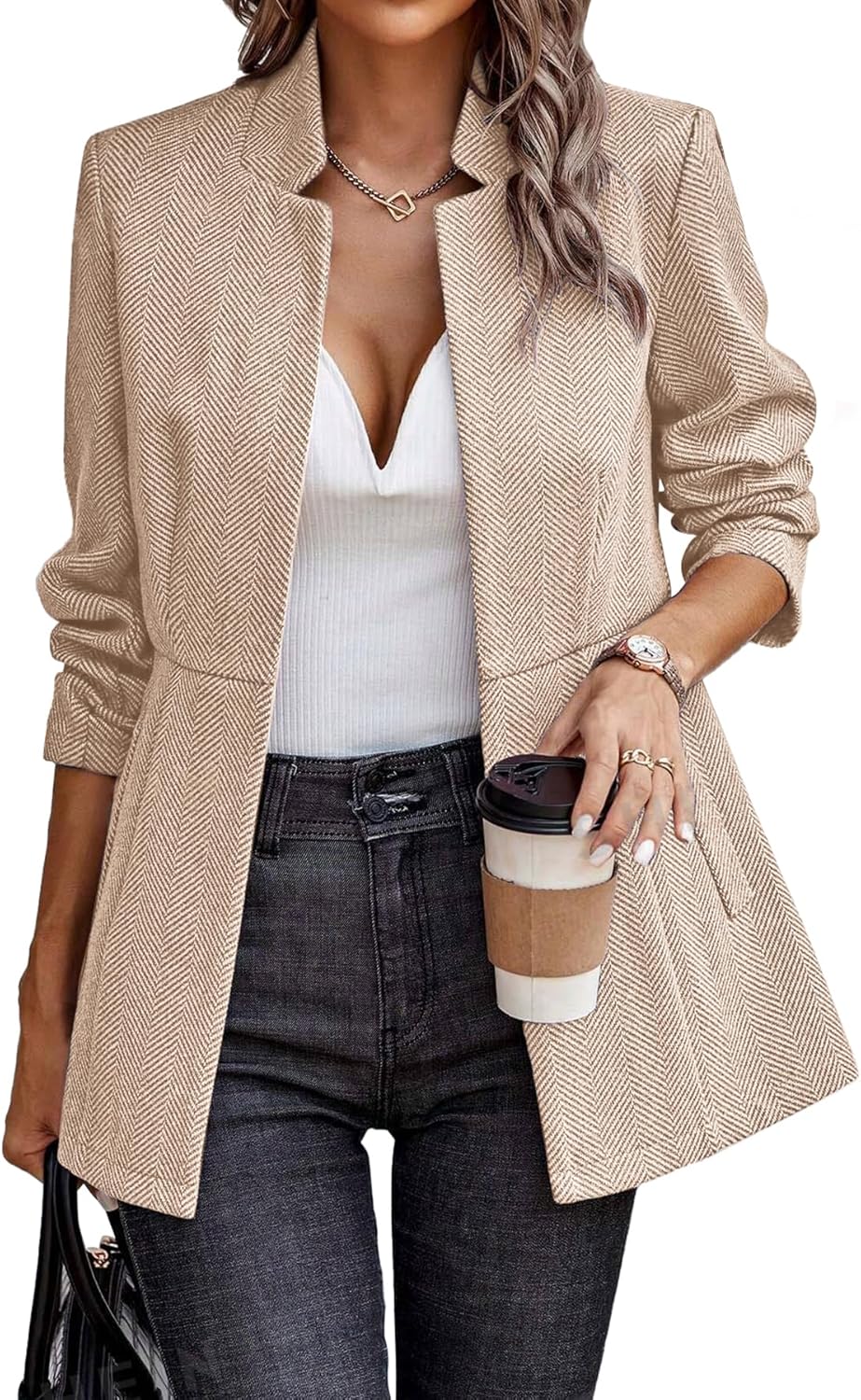 ELLEVEN Women’s Open Front Herringbone Blazer-Business Casual Long Sleeve Work Jacket with Full Lining and Padded Shoulders