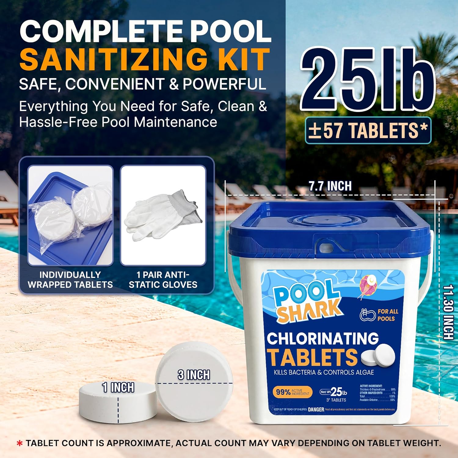 Pool Shark Swimming Pool Chlorine Tablets | 3-Inch Chlorine Tablets | 25 lbs | Slow-Dissolving 90% Active Chlorine Tabs | Pool Chemicals for Inground Pools, Above Ground Pools, Saltwater, Spa, Hot Tub