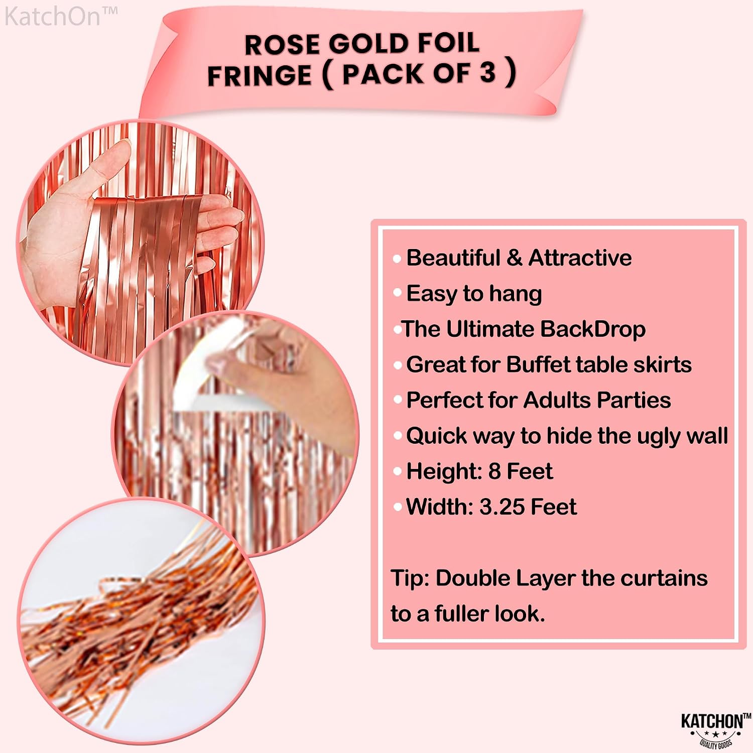 KatchOn, Rose Gold Fringe Curtain - XtraLarge 8x3.2 Feet, Pack of 3 | Rose Gold Backdrop for Bachelorette Party Decor, Graduation Decorations 2025 | Fringe Backdrop for Rosegold Birthday Decorations