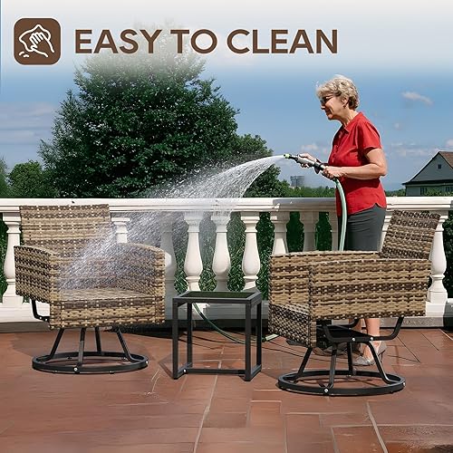 Miniatura 4 de Juego de muebles de patio de 3 piezas, silla giratoria para exteriores, sillas de mimbre para patio, juego de 2 con mesa auxiliar para porche,