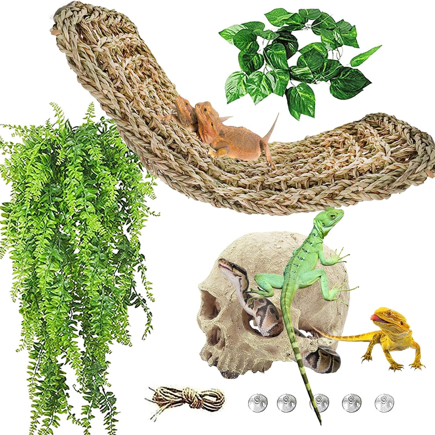 kathson Bearded Dragon Terrarium Skull Decoration, Reptile Tank Habitat Resin Human Skulls Hide Cave Hanging Vines Plants Accessories for Lizards Tortoise Chameleon Spider Reptiles Amphibians(4 PCS)