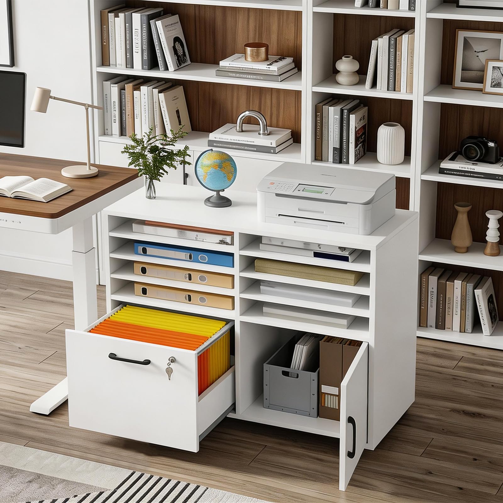 HOOBRO Caisson de Bureau avec Roulettes, Meuble de Bureau, Tiroir Verrouillable et Placard de Rangement, Armoire à Dossiers, 8 Compartiments (6 Étagères Réglables), pour Salon, Blanc EWB55WJ01