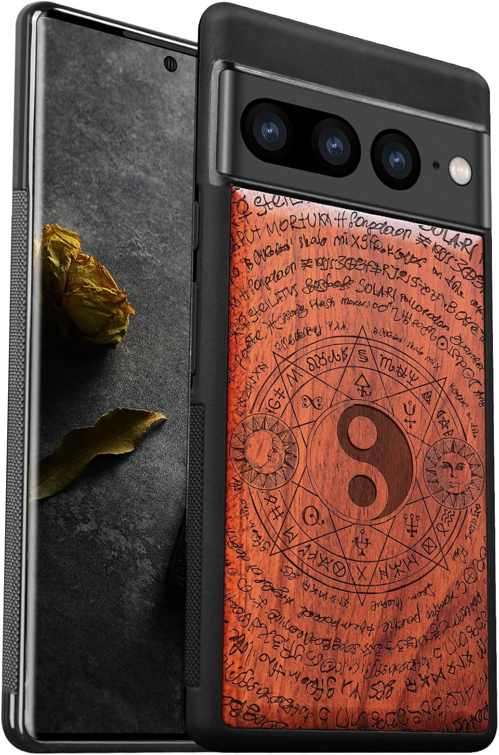 Carveit Wood Case for Pixel 7 Pro Case [Natural Wood & Black Soft TPU] Shockproof Protective Unique Wooden Cover Compatible with Google Pixel 7 Pro (Mysterious Yinyang-Rosy)