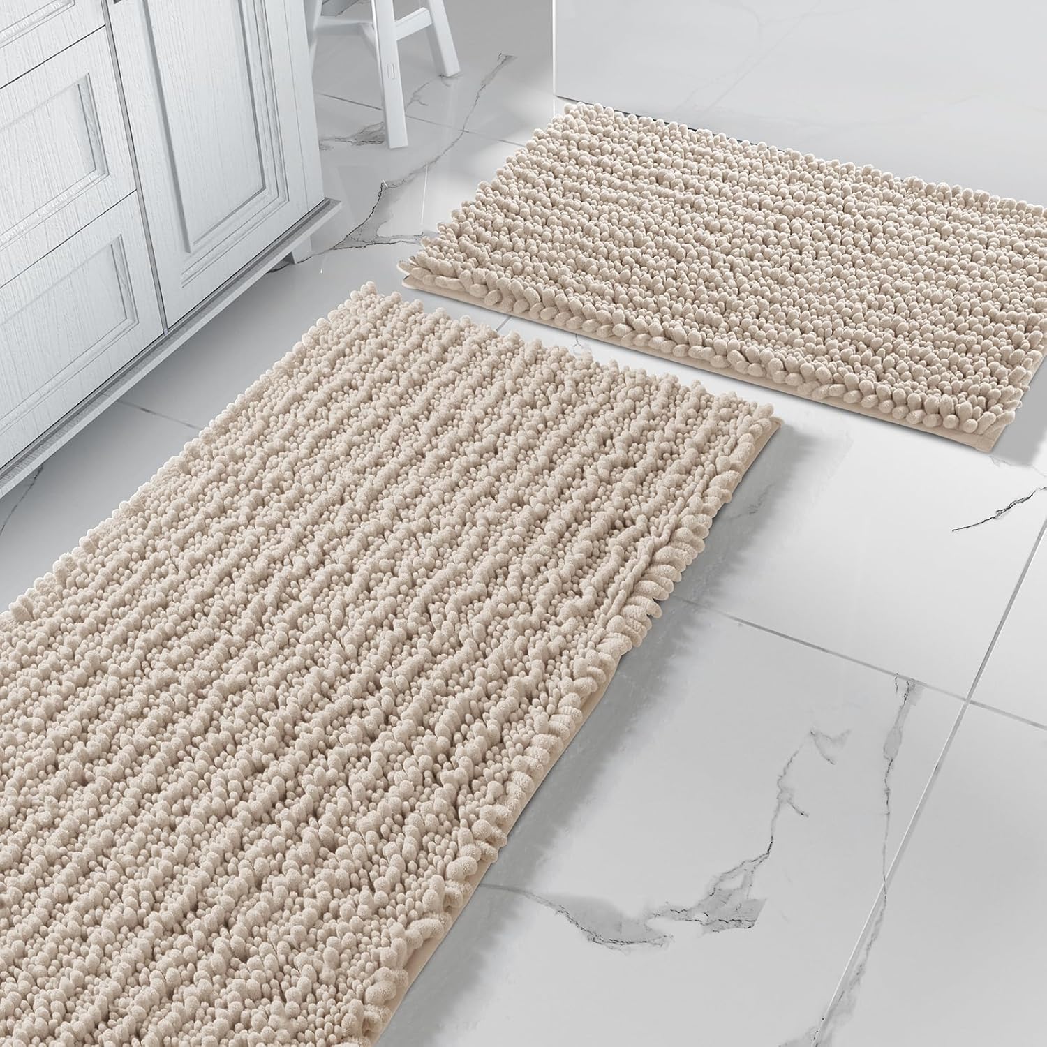 Yimobra Bathroom Rugs Sets 2 Piece - Quick Dry Extra Thick Luxury Chenille Bath Mat, Non Slip Super Absorbent for Tub Shower Sink, Machine Washable Shaggy Floor Mat, 44"x24"+24"x17" Inch, Light Brown