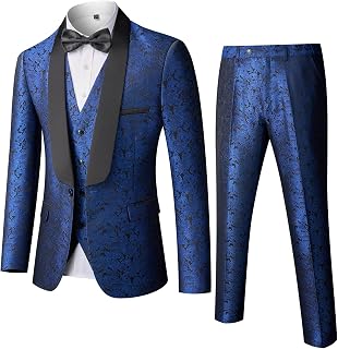 Men's 3 Piece Slim Fit Tuxedo Suit Set, One Button Shawl Collar Floral Business Blazer Jacket Vest Pants with Bow Tie