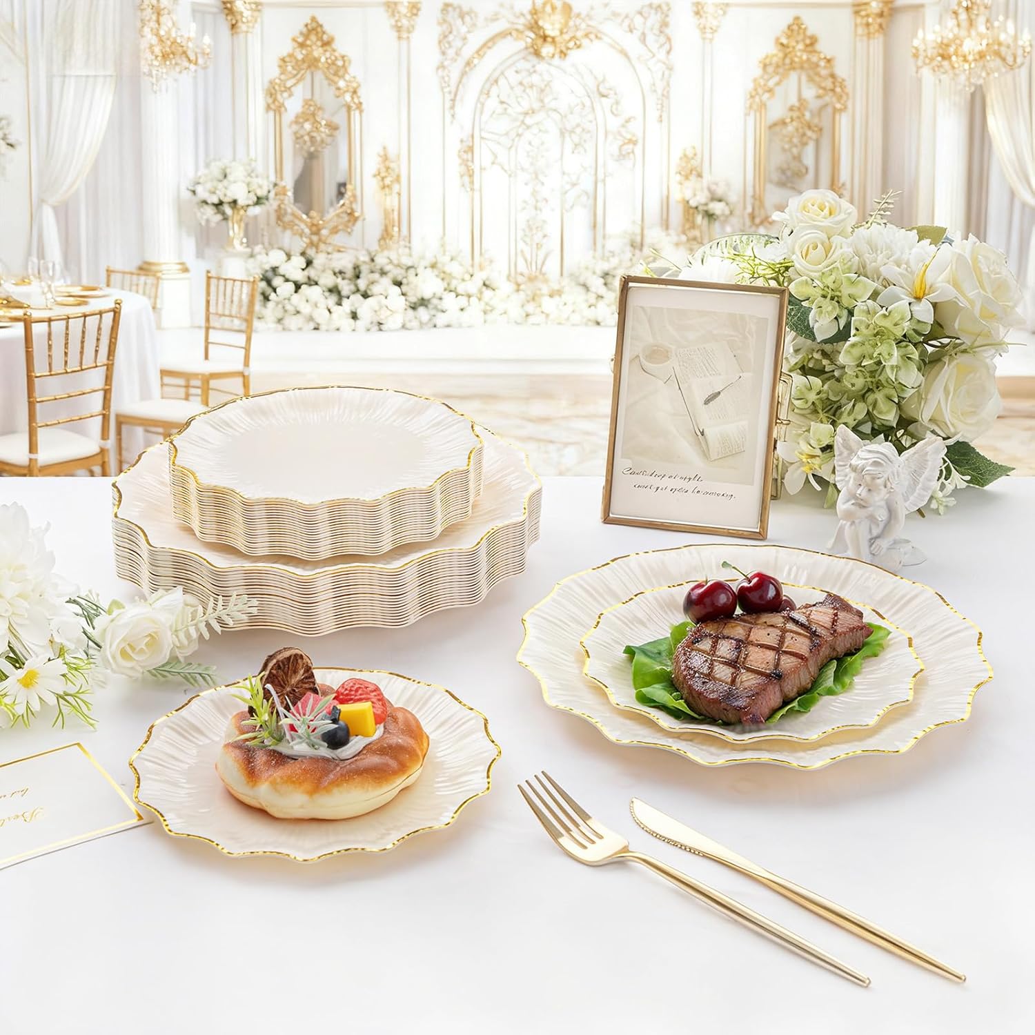 Rubtlamp 60Pcs Ivory Scalloped Gold Plastic Plates, Disposable Plates With Gold Rim, Heavyduty Plastic Plates Include 30 Dessert Platos, 30 Dinner Platos for Party