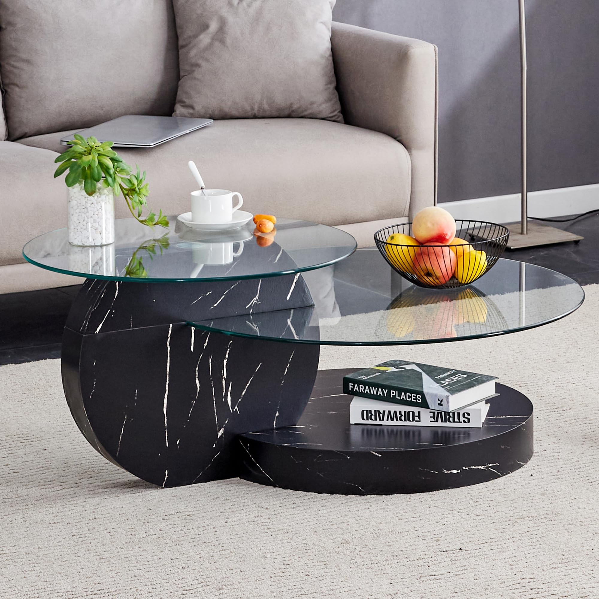 Glass Coffee Table 3 Tier Round Coffee Tables Tempered Clear Glass Top and Wood Table with Storage Modern