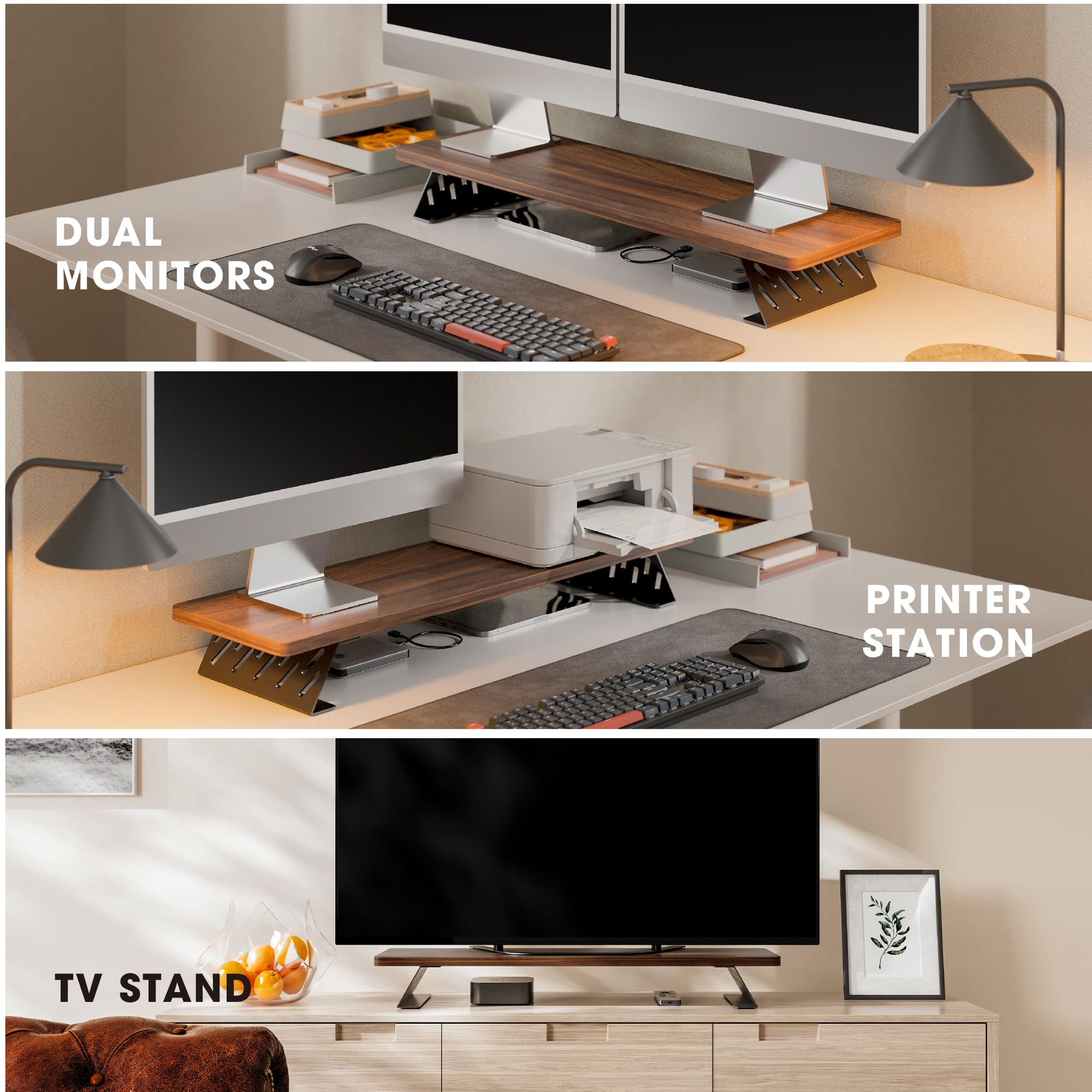 Fenge Soporte de Monitor de Madera con Estructura de Metal, Elevador para Escritorio de Doble Monitor, Soporte para Laptop, Computadora , con Estante de Almacenamiento, L80xW23.5xH10cm, Marrón