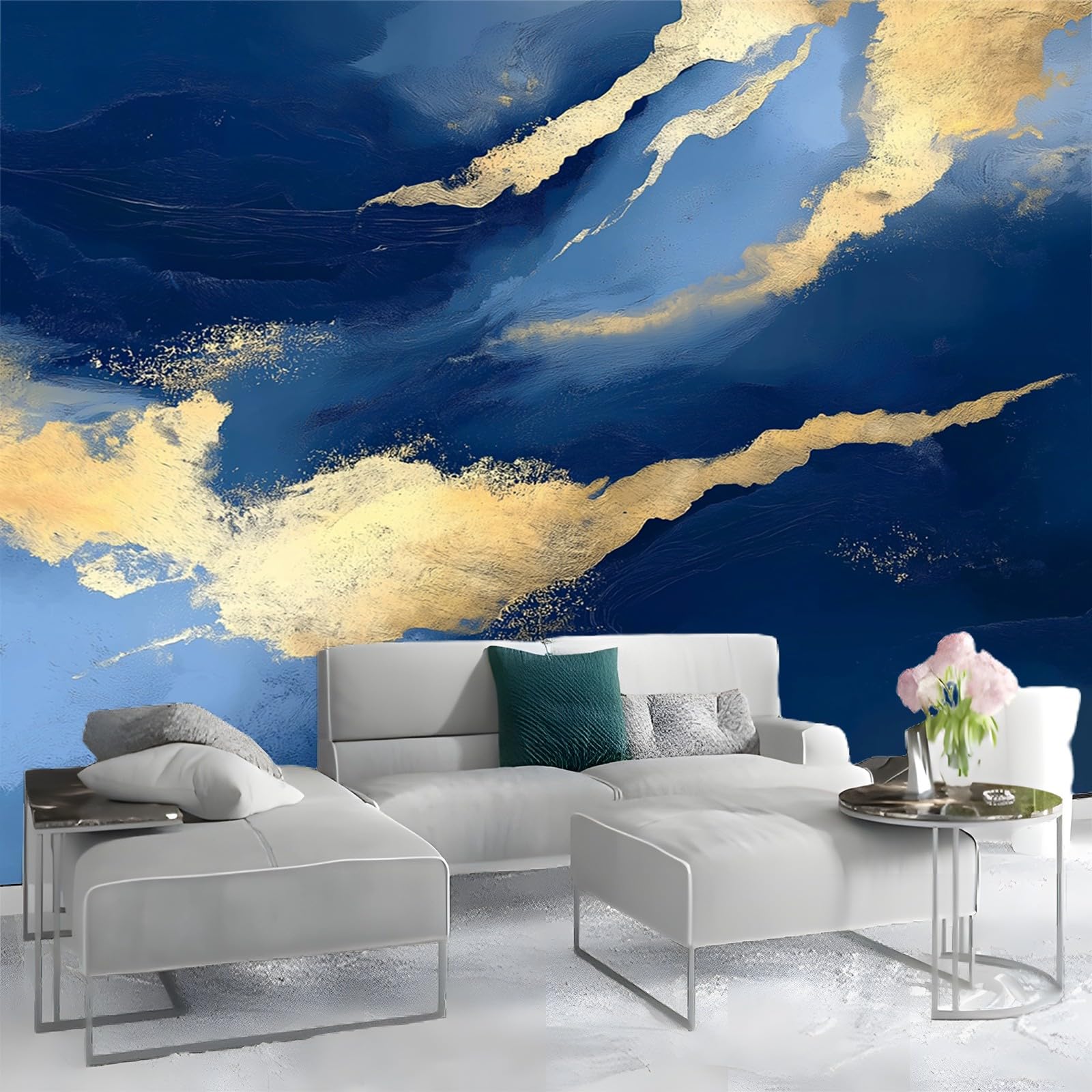Papier peint panoramique bleu et marbre 200x140 cm pour salon moderne