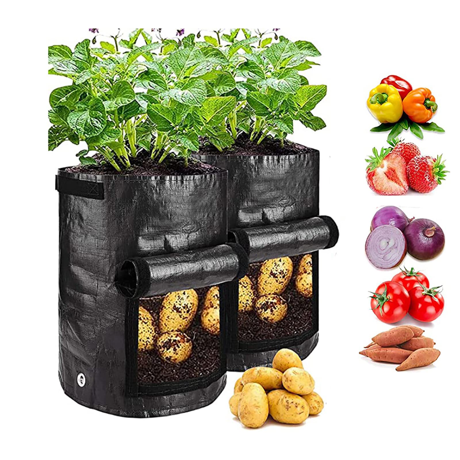 2 Piezas Bolsas de Cultivo de Papas, Bolsas Polietileno, Macetas de Cultivo de Verduras con Asas Transpirable Bolsa para Plantar Patatas, Tomates, cebollas, Flores, 7 gallons/34 * 35cm