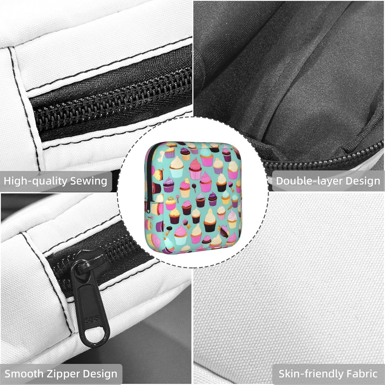 Cupcake Pattern Print Women Period Bag Sanitary Pouch Portable Pad Pouch Tampon Holder Small Zipper Pouch Storage Bag