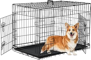 36'' Foldable Metal Wire Dog Crate Double Door, Folding Portable Dog Cage Double Lock, Collapsible Intermediate Dog Crate w/Leak-Proof Pan/Divider/Handle, Dog Kennel for Intermediate Dogs Indoor