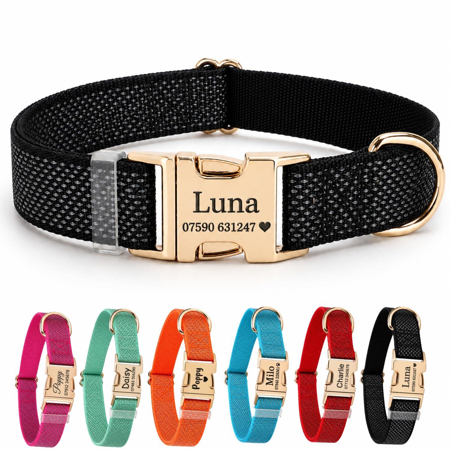 Personalised Reflective Dog Collar, Deeply Engraved in the UK with Name & Phone Number, Custom Adjustable Nylon Pet Collar with Metal Buckle for Small, Medium & Large Dogs, Ideal for Night Walks