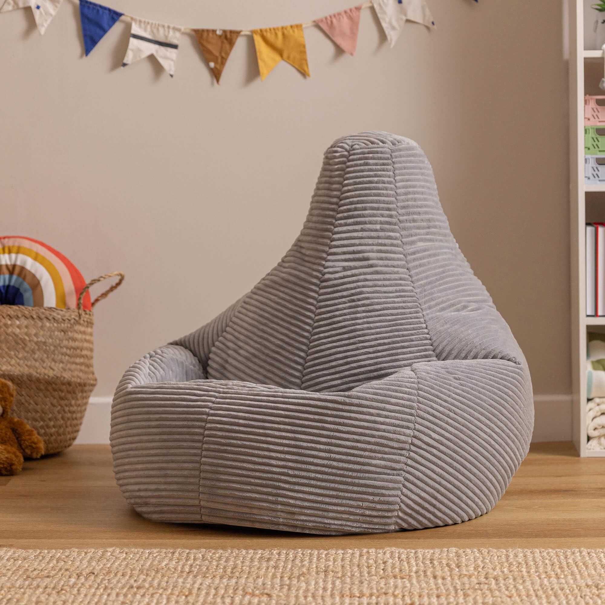 icon Dalton Pouf Bambini, Grigio, Velluto a Coste, Poltrona Sacco con Riempimento Incluso, Sedia Bambini, Mobili Camera da Letto