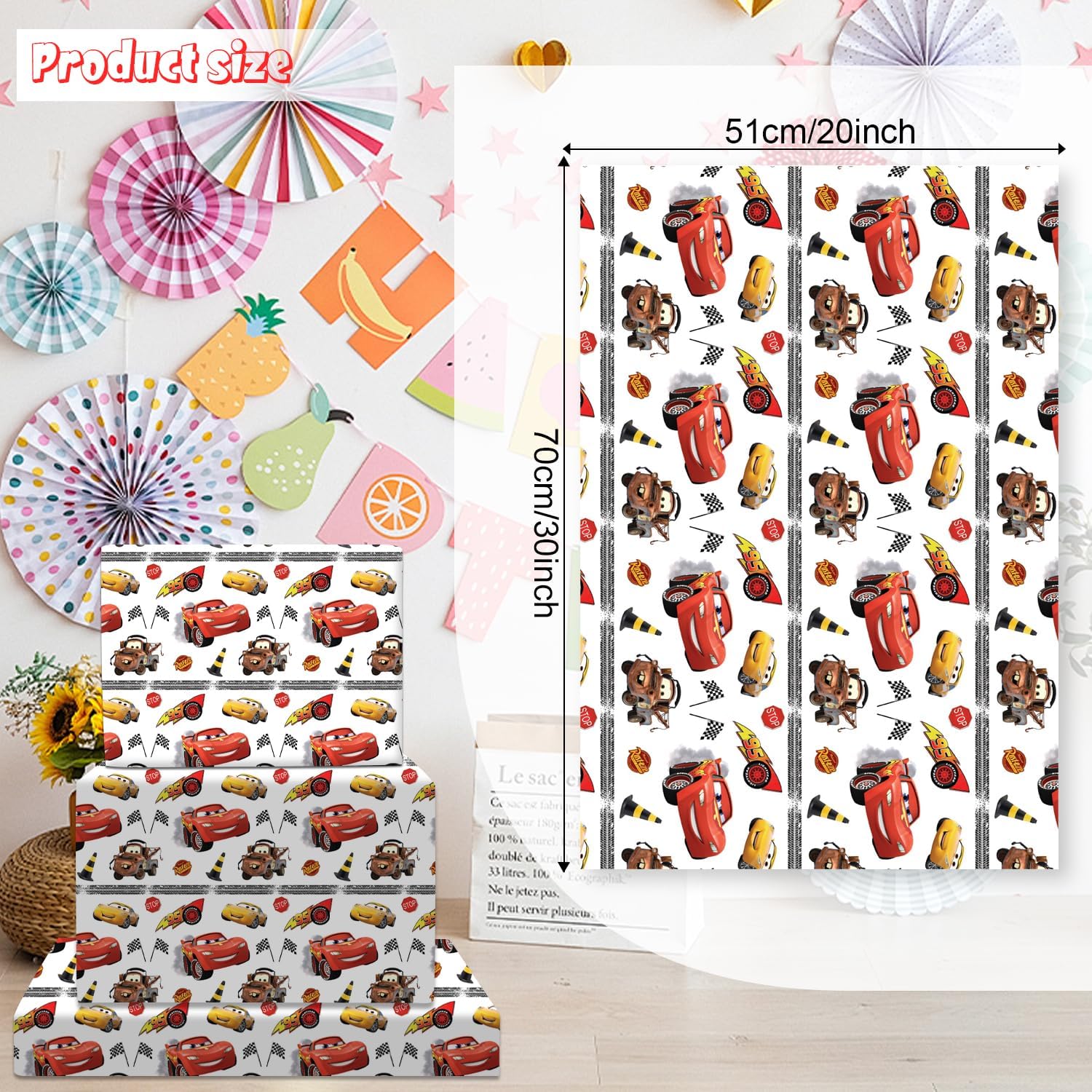4Pack Wrapping Paper 20X30 inch for Baby Shower Kids McQueen Birthday Party Decorations Wedding DIY Crafts Gift Packing Birthday McQueen cars Decoration (car)