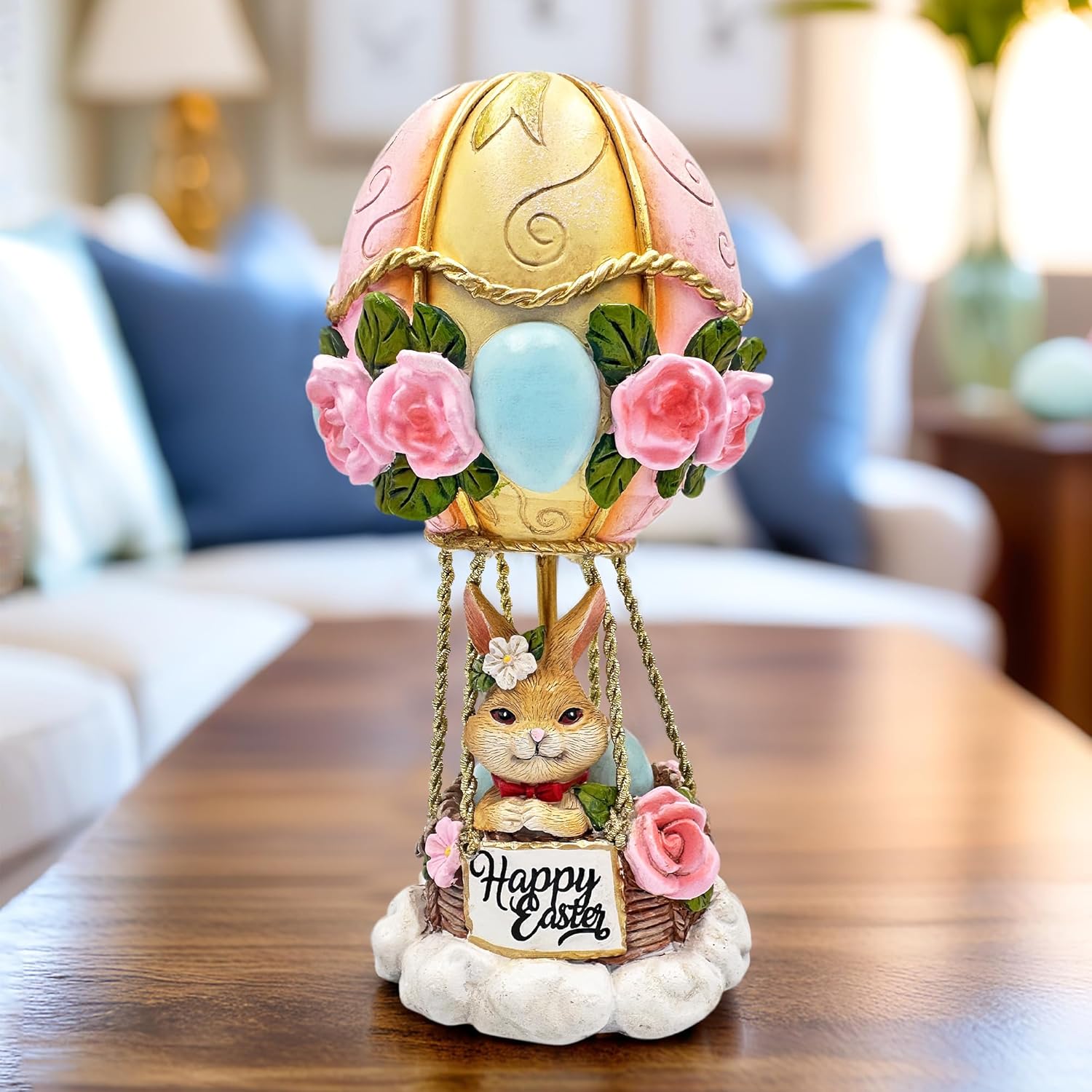 OrnamentallyYou Sweet Easter Decoration for Indoor & Outdoor (Springtime Voyage Hot Air Balloon Easter Bunny Figurine, 7" Indoor and Outdoor Statue)