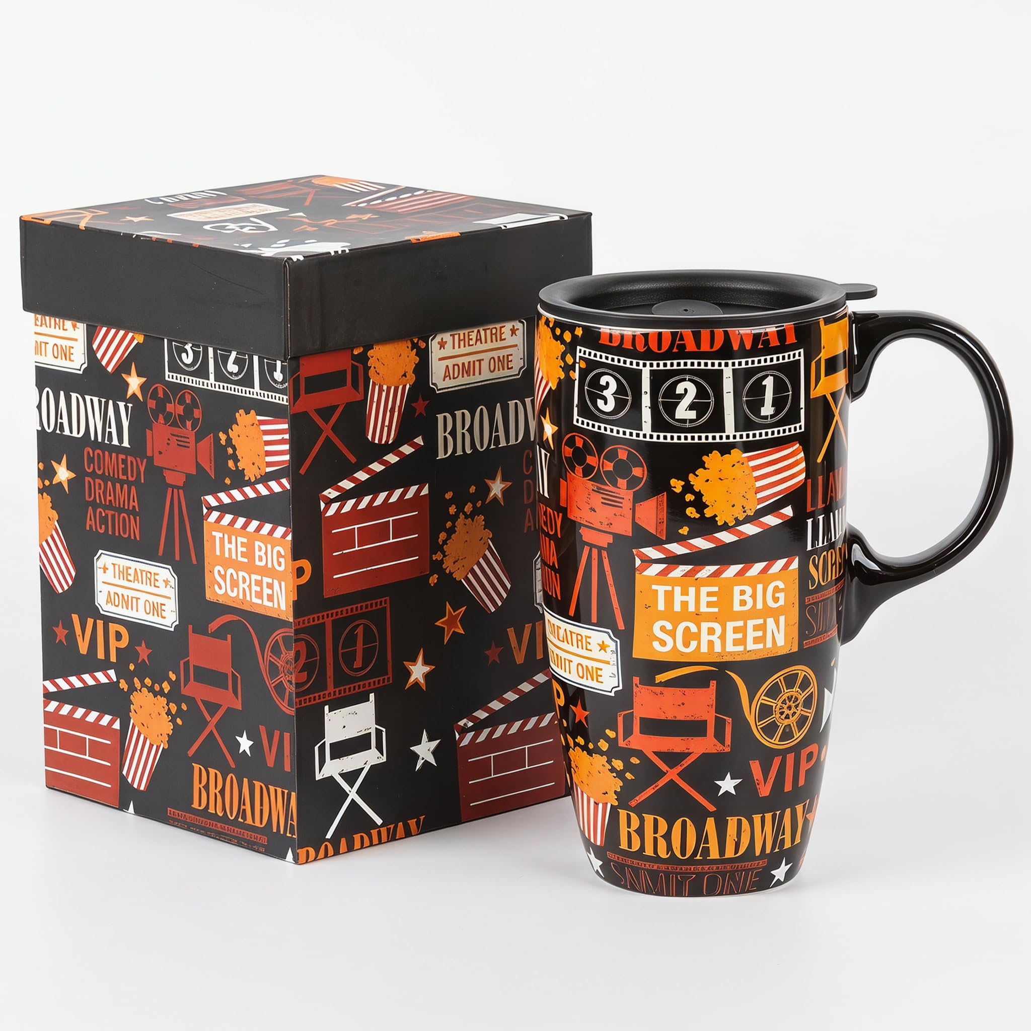 Topadorn 17oz Ceramic Travel Mug with Lid, Broadway Theater Movie Theme Coffee Mug with Handle, Large Ceramic Cup, Microwave & Dishwasher Safe, Gift Box Included — image 1