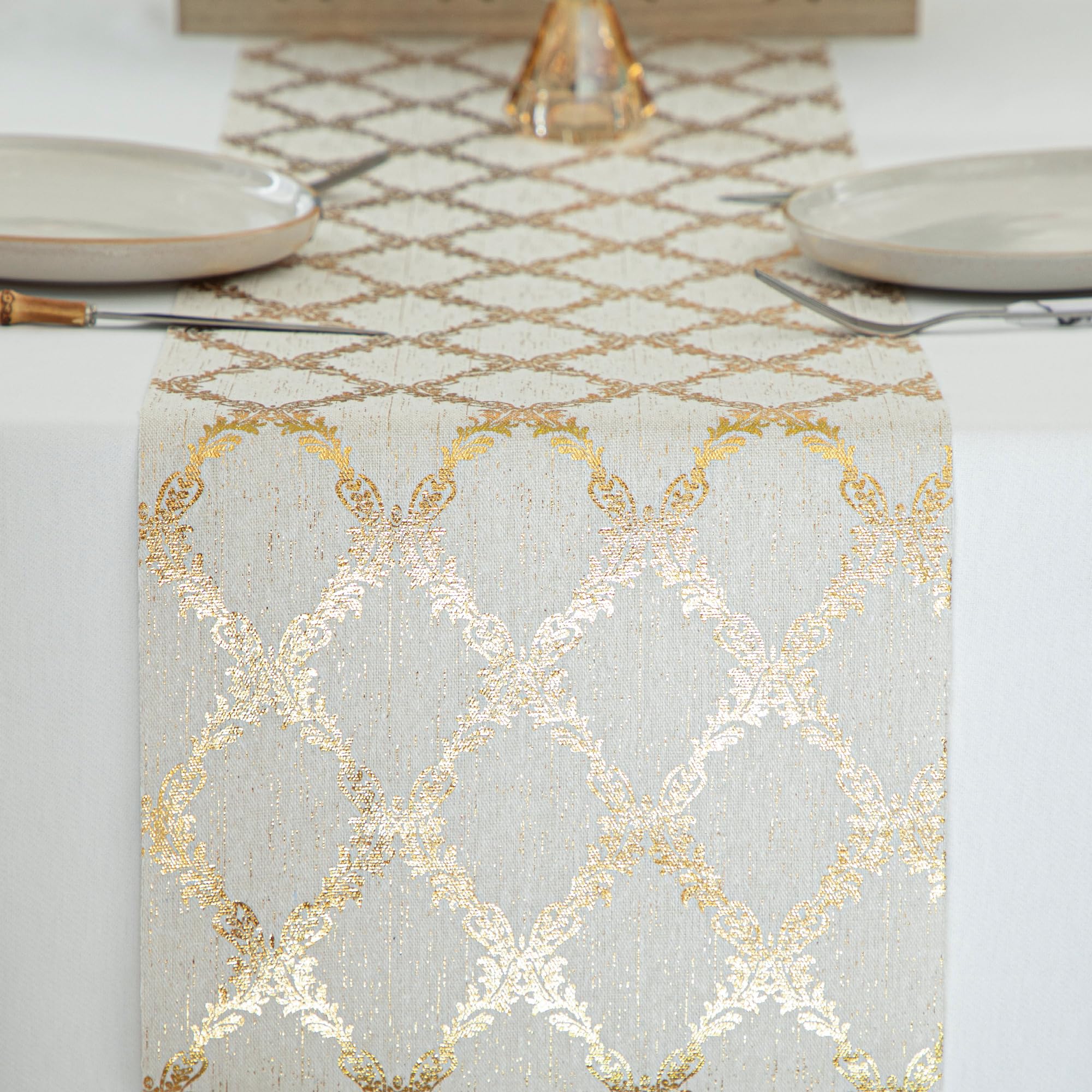 Yeahshion Goldfarbener Tischläufer Metallisches Rankenmuster 28 cm x 5 m, Eleganter Polyester-Tischläufer, Dekoration für Party, Geburtstag, Weihnachten, Heimwerken, Einpacken